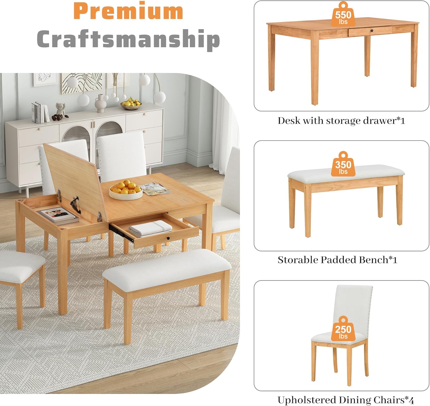 Diagram showing dimensions of the dining table, chairs, and bench