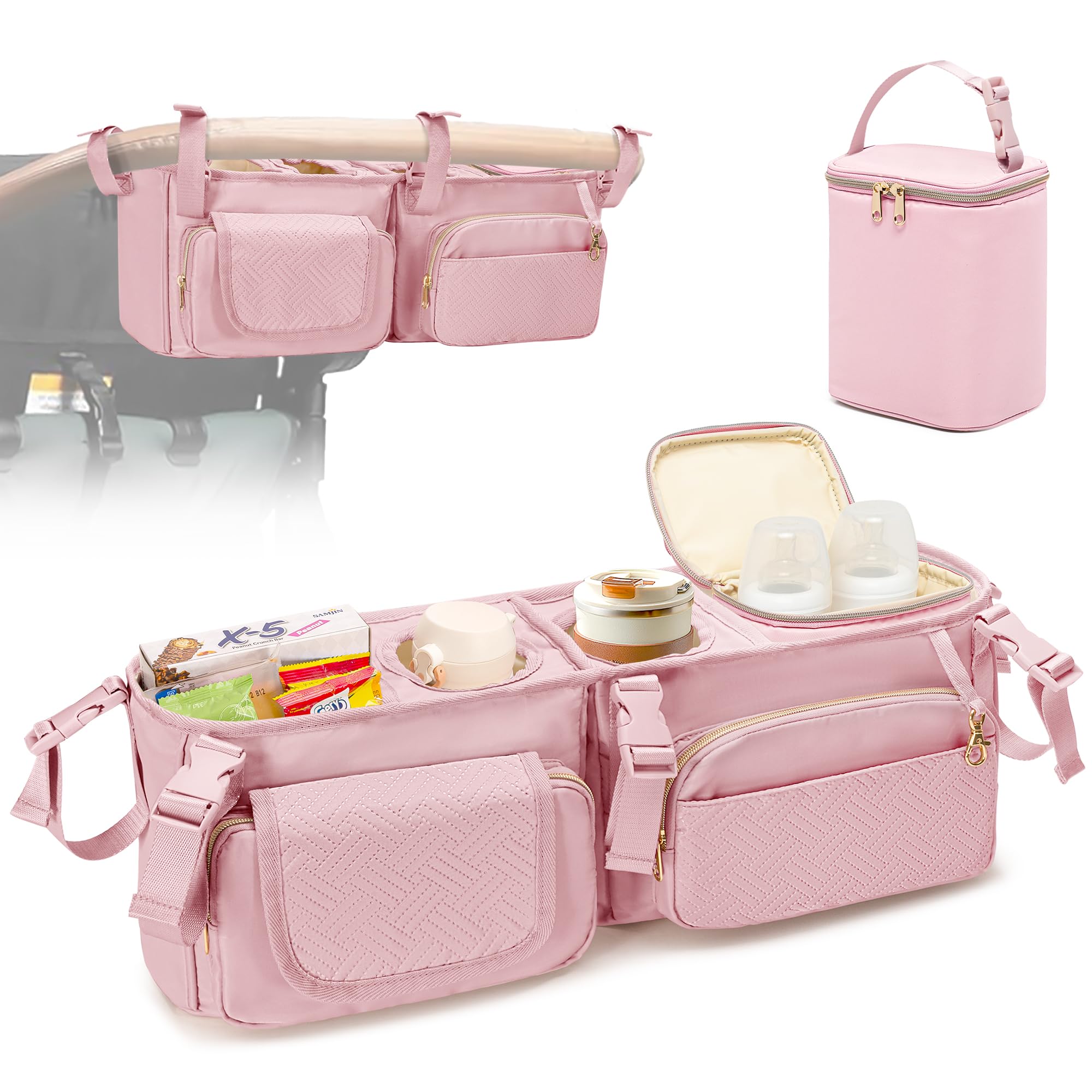 Prokva Stroller Wagon Organizer Compatible with Wonderfold W4 Wagon, Parent Console Caddy Wagon Accessories with Cup Holder and Cooler Bag, Pink (