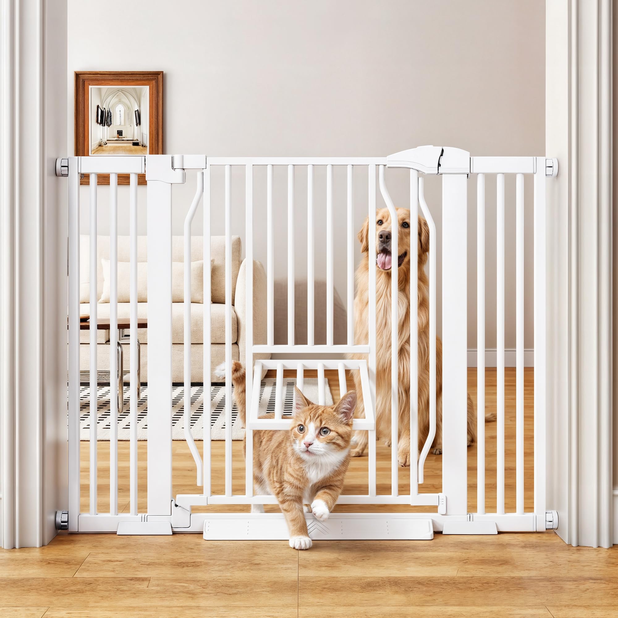 Pet Gate With Cat Door, 29.5-43'' Extra Wide Auto Close Dog Gate Indoor, 1.37'' Narrower Bar Spacing, No Drilling Pressure Mounted Easy Walk Thru for Doorway and Stairs