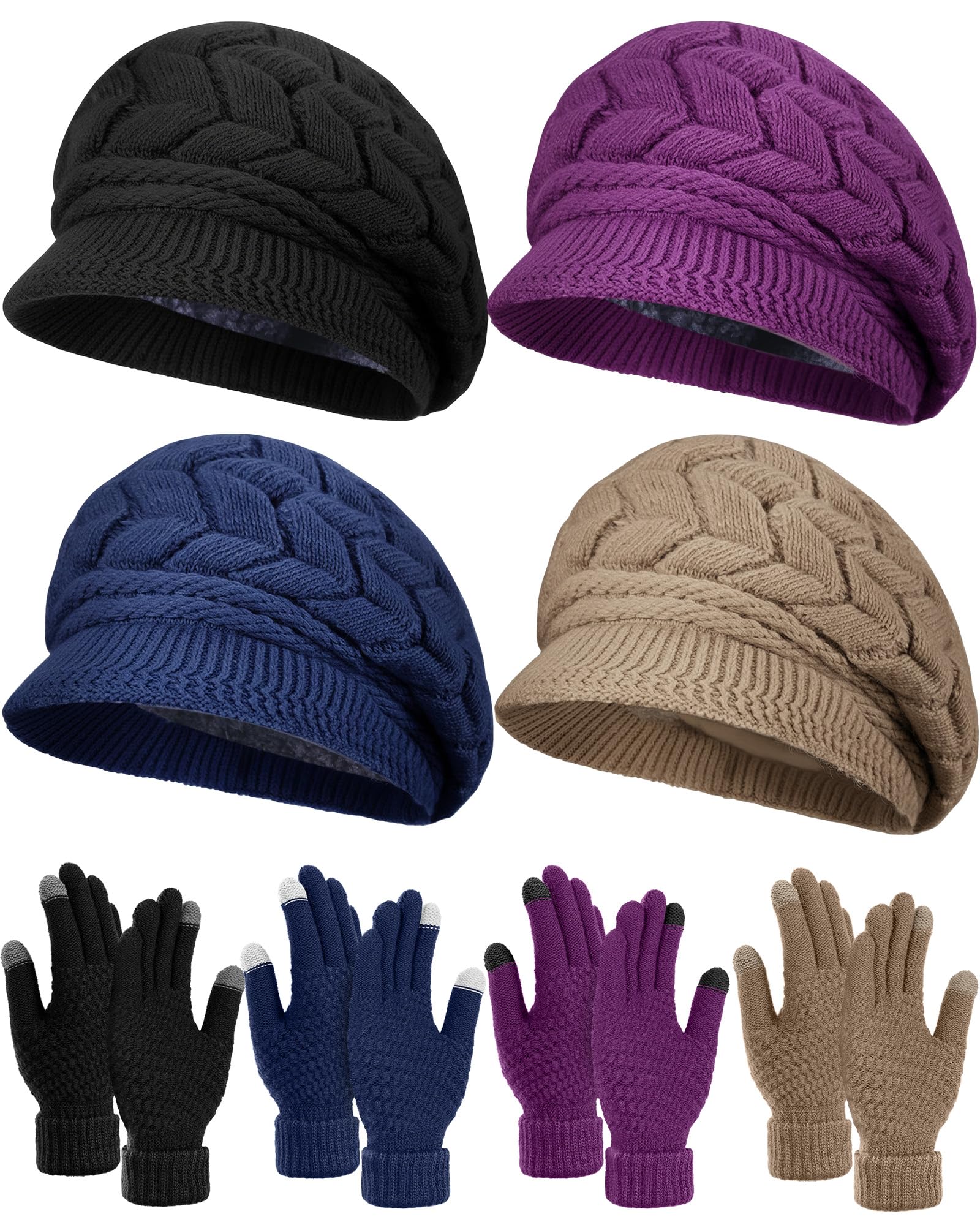 8 Pcs Women Hats Gloves Winter Set, Warm Cap Beanie Hat Knit with Visor Snow Ski Caps and Touch Screen Gloves-image-26