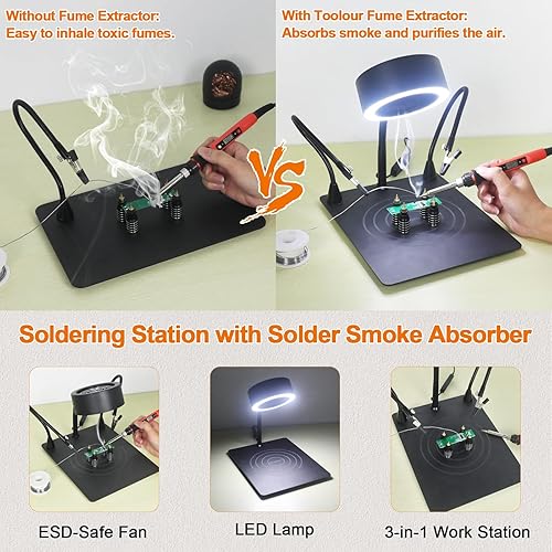 Miniatura 2 de Toolour Extractor de humo de soldadura 3 en 1 con lámpara LED brillante, 4 soportes de PCB, base resistente y 3 filtros de carbono para soldadura y
