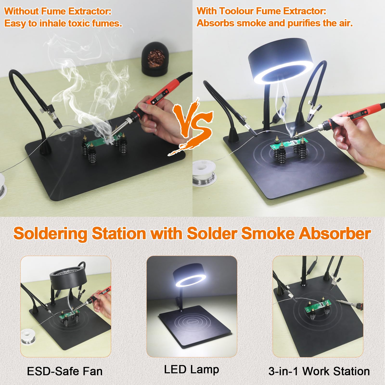Toolour Solder Smoke Absorber 3-in-1 Solder Fume Remover con lampada LED luminosa, 4 supporti PCB, base resistente e 3 filtri a carbone per saldatura, riparazione, saldatura, dissaldatura, lavori fai