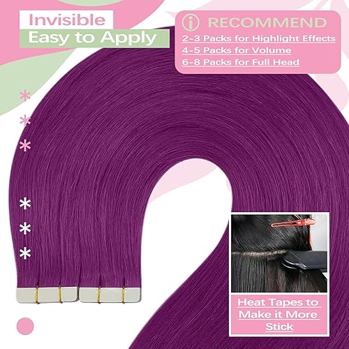 Miniatura 4 de YoungSee Extensiones de cabello humano con cinta morada de 12 pulgadas, extensiones de cabello humano Remy con cinta adhesiva, 10 unidades,