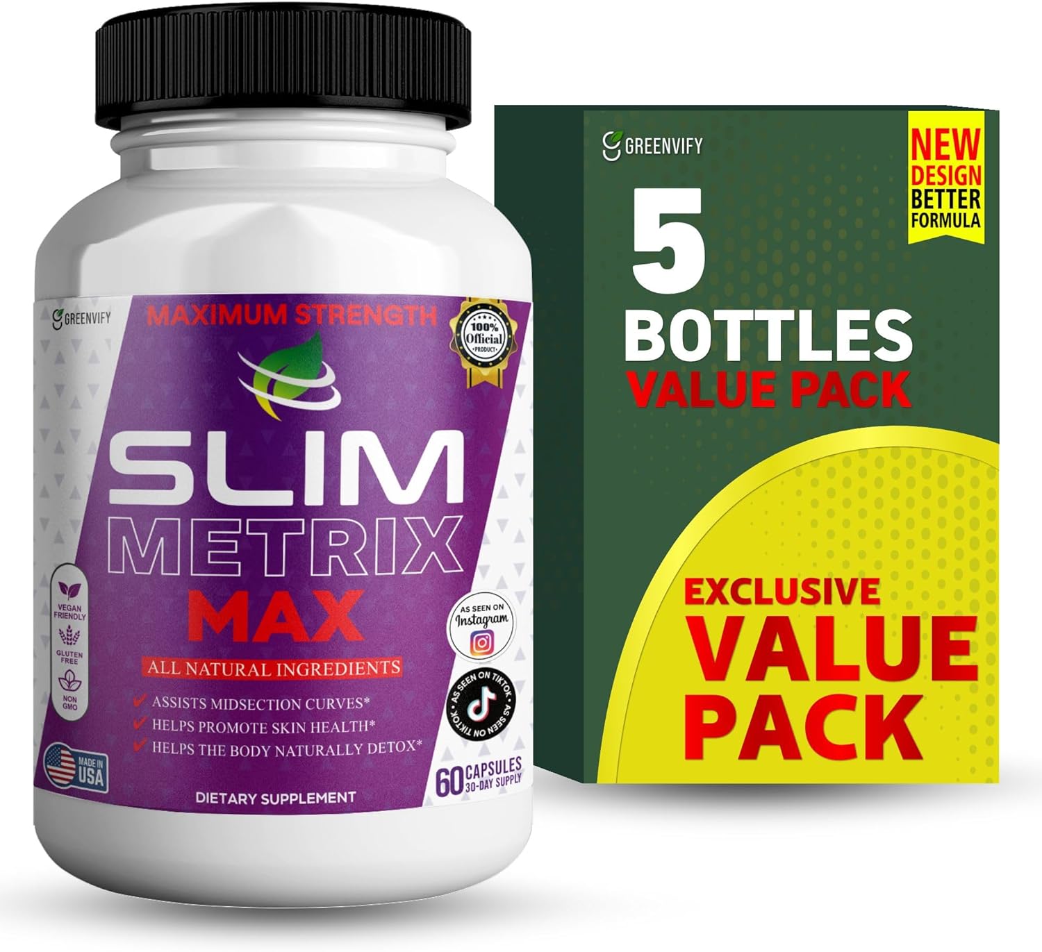 Slim Metrix Maximum Strength Dietary Supplement, 60 Capsules, Natural Ingredients for Midsection Support, Skin Health, Detox, Vegan, Gluten Free, Non-GMO (5)