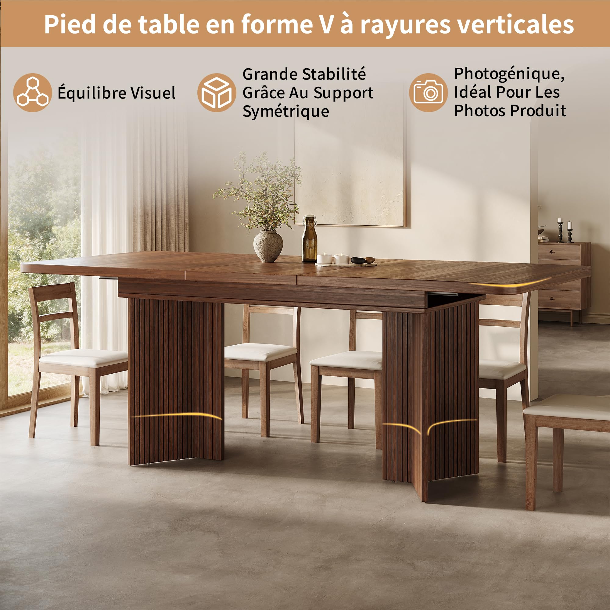 Table à Manger Extensible 120-160 cm, Table Salle à Manger Rectangulaire avec Pieds en V à Riffles Verticales, Table de Cuisine en Bois, Design Moderne pour Salle à Manger, Noyer