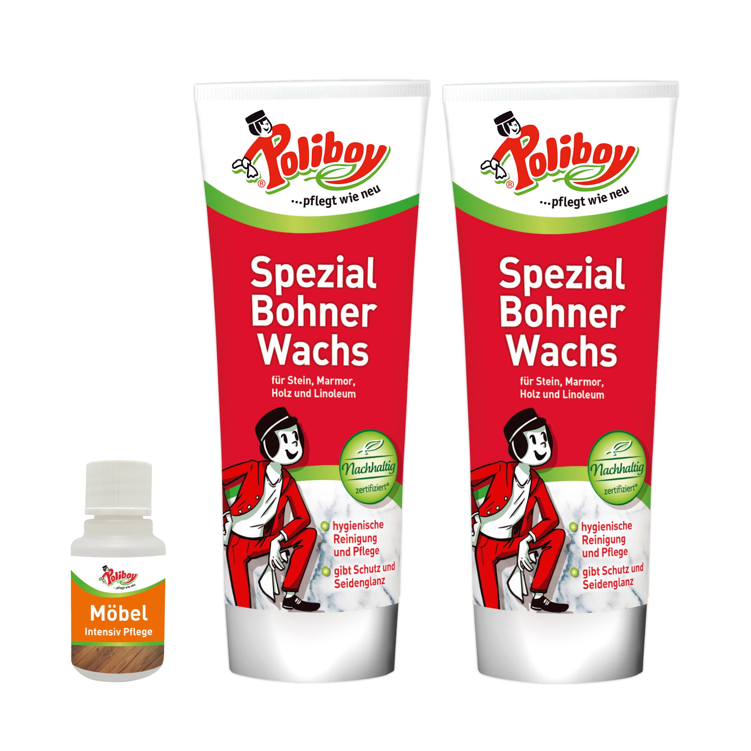 POLIBOY Spezial Bohner Wachs - Farbloses Bodenwachs für lösemittelbeständige Oberflächen wie Holz, Marmor & Linoleum – Pflegt & verleiht Seidenglanz - 2x250ml - Mit Produktprobe
