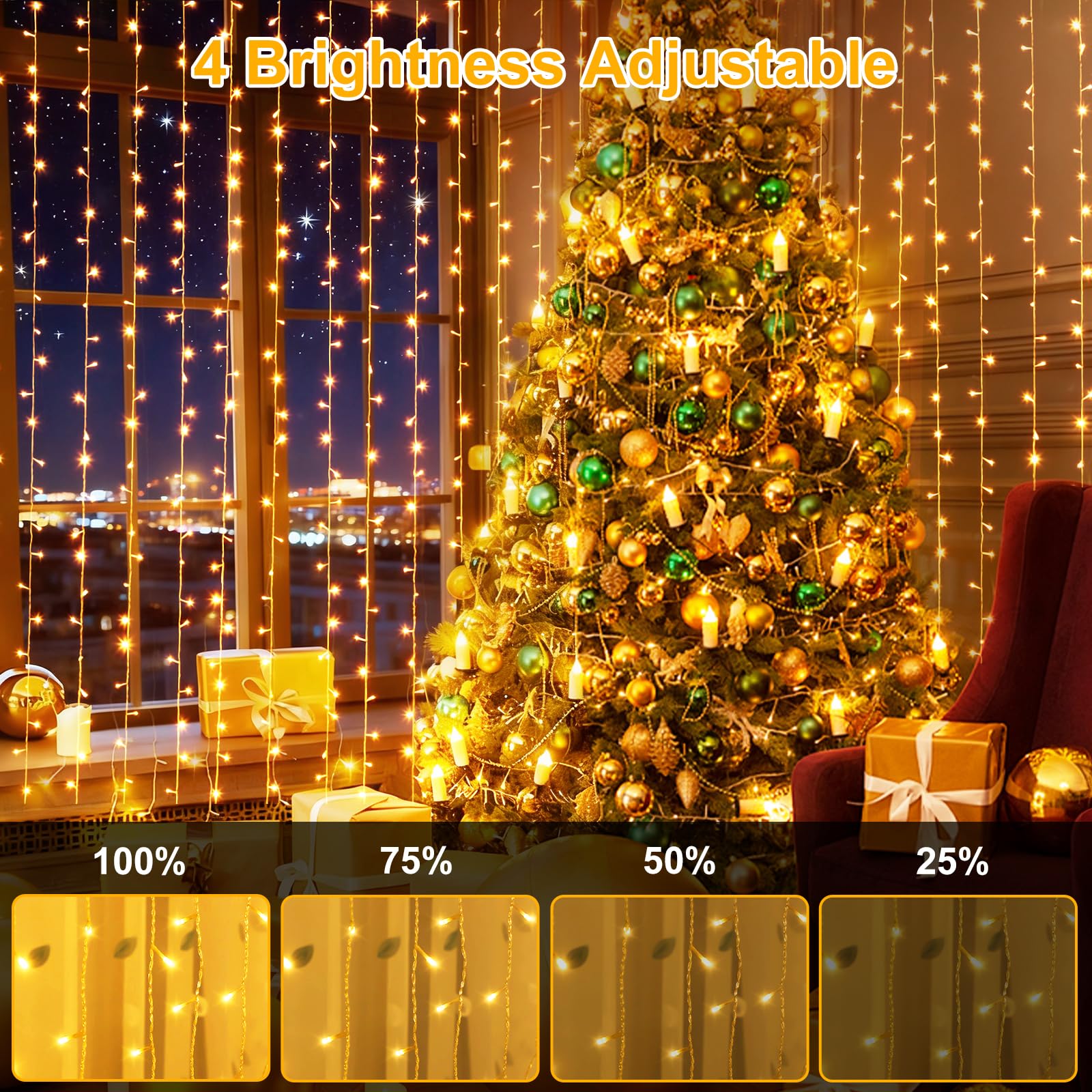 Rideau lumineux de 3 x 3 m - 300 LED - 8 modes - Avec minuterie et télécommande - Étanche - Pour fenêtre intérieure et extérieure - Blanc chaud