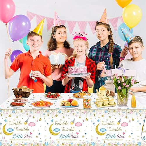 Miniatura 6 de Oigco Paquete de 3 manteles de decoración para fiesta de revelación de género Twinkle Twinkle Little Star, mantel de revelación de género de