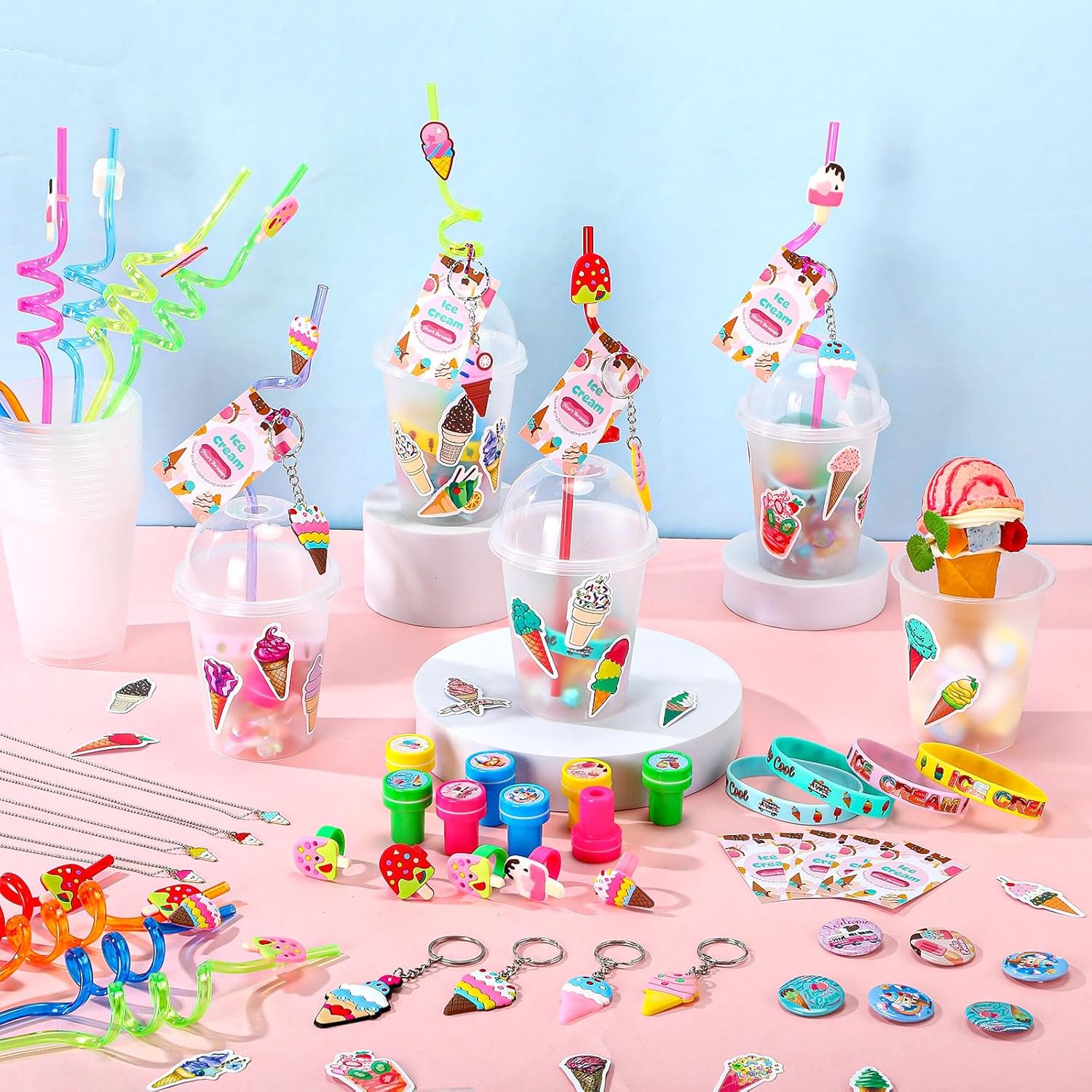195 Pcs Ice Cream Birthday Party Favors Bulk for 16 Kids Include Keychain Necklace Silicone Bracelet Ring Badge Stamp Sticker Tags Twist Tie Cup Lid Straw for Kids Birthday Party Rewards