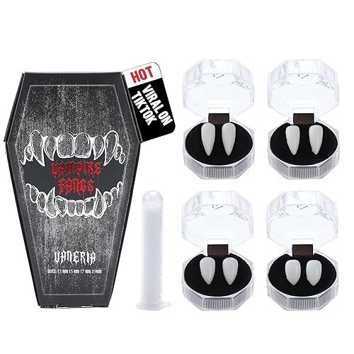 VANERIA 4 Pairs Vampire Fangs,4 Size Fangs For Cosplay Halloween with Tube Solid Adhesive,Vampire Coffin Gift Box Design,Fake Fangs Vegan/Cruelty Free