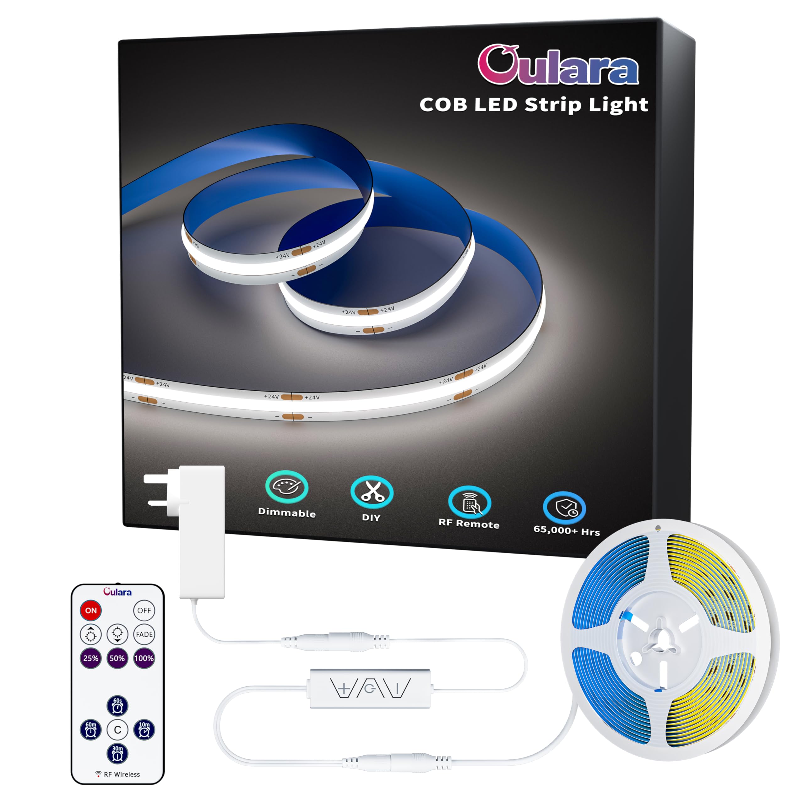 Oulara 6000K Cob Led Strip Daylight White Led Strip Light 6M Dimmable Super Bright 24V Cri92+ Flexible Tape Lights Kit With Rf Remote Timer Function For Kitchen Cabinet Acoustic Panel Diy Project