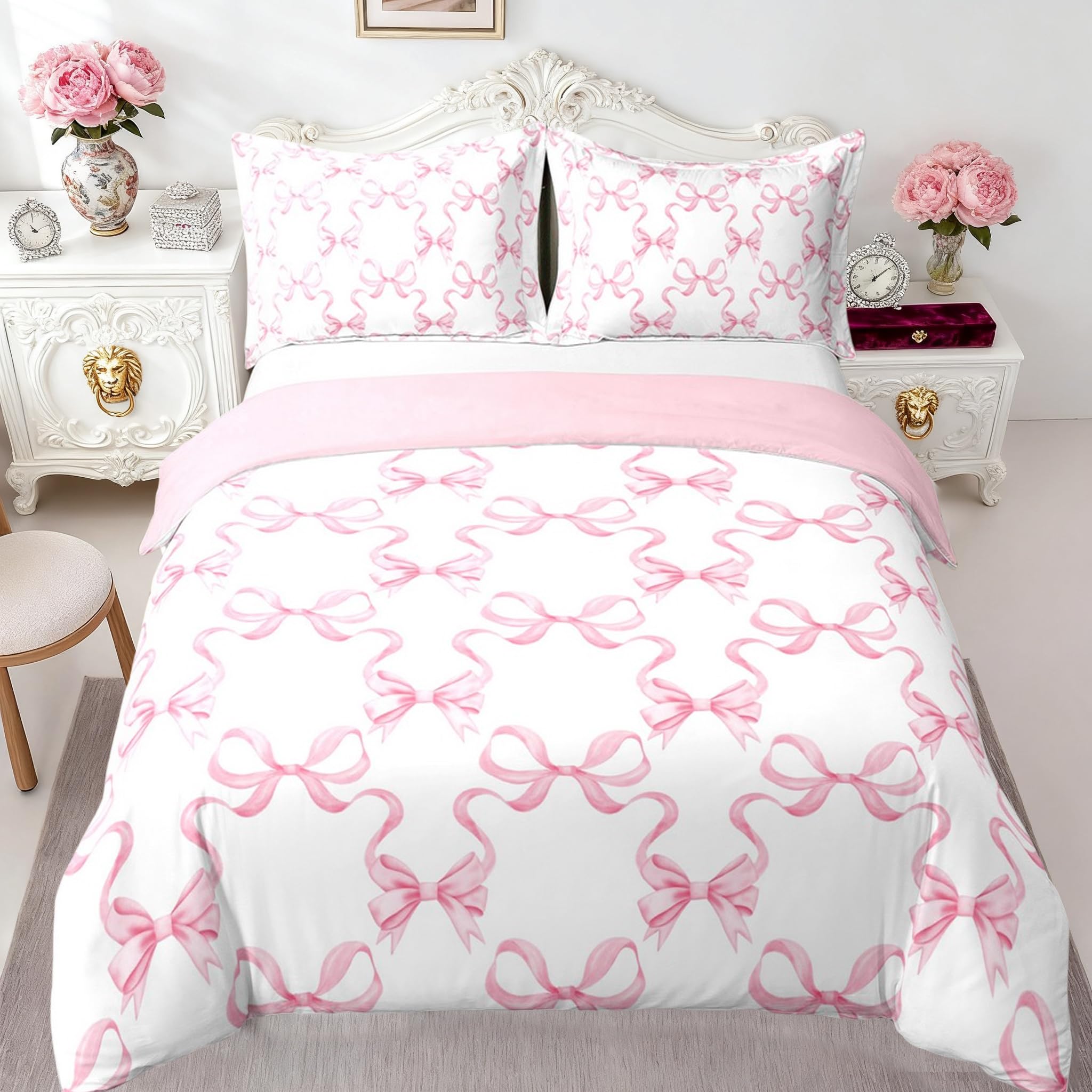 Parure de lit respirante Manfei en coton pour chambre fille avec nœud papillon