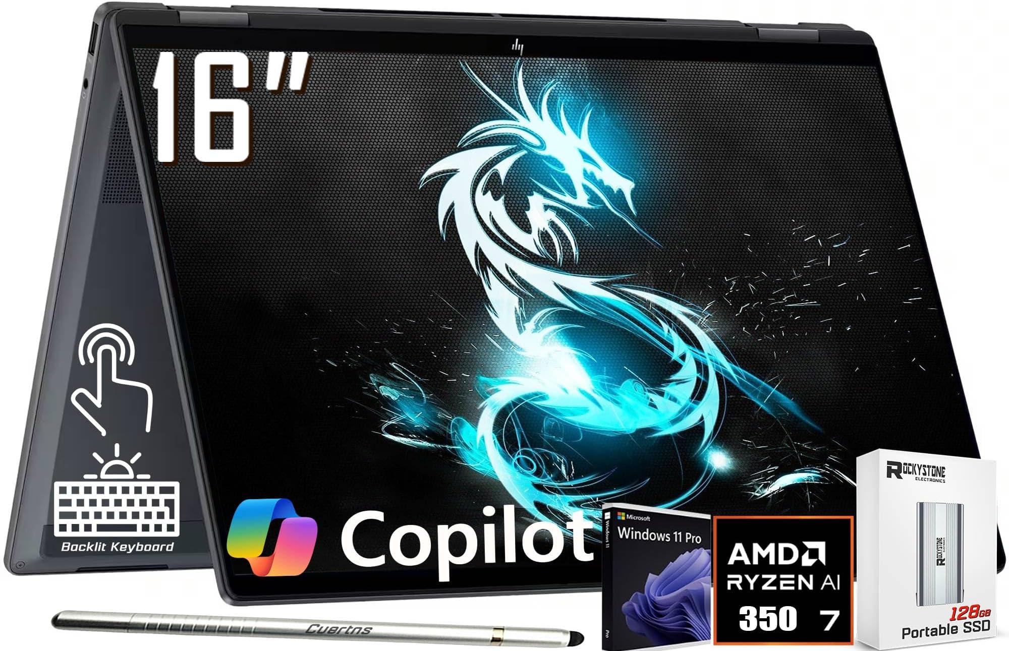 OmniBook X Flip 2-in-1 Copilot+ AI PC Laptop, 16" 2K Touchscreen, AMD 8-Core Ryzen AI 7 350(>Intel i7-1355U), 24GB LPDDR5X, 2TB Gen4 SSD, 5MP IR Webcam, Backlit KB, W/128GB PSD&Stylus, Win11 PRO
