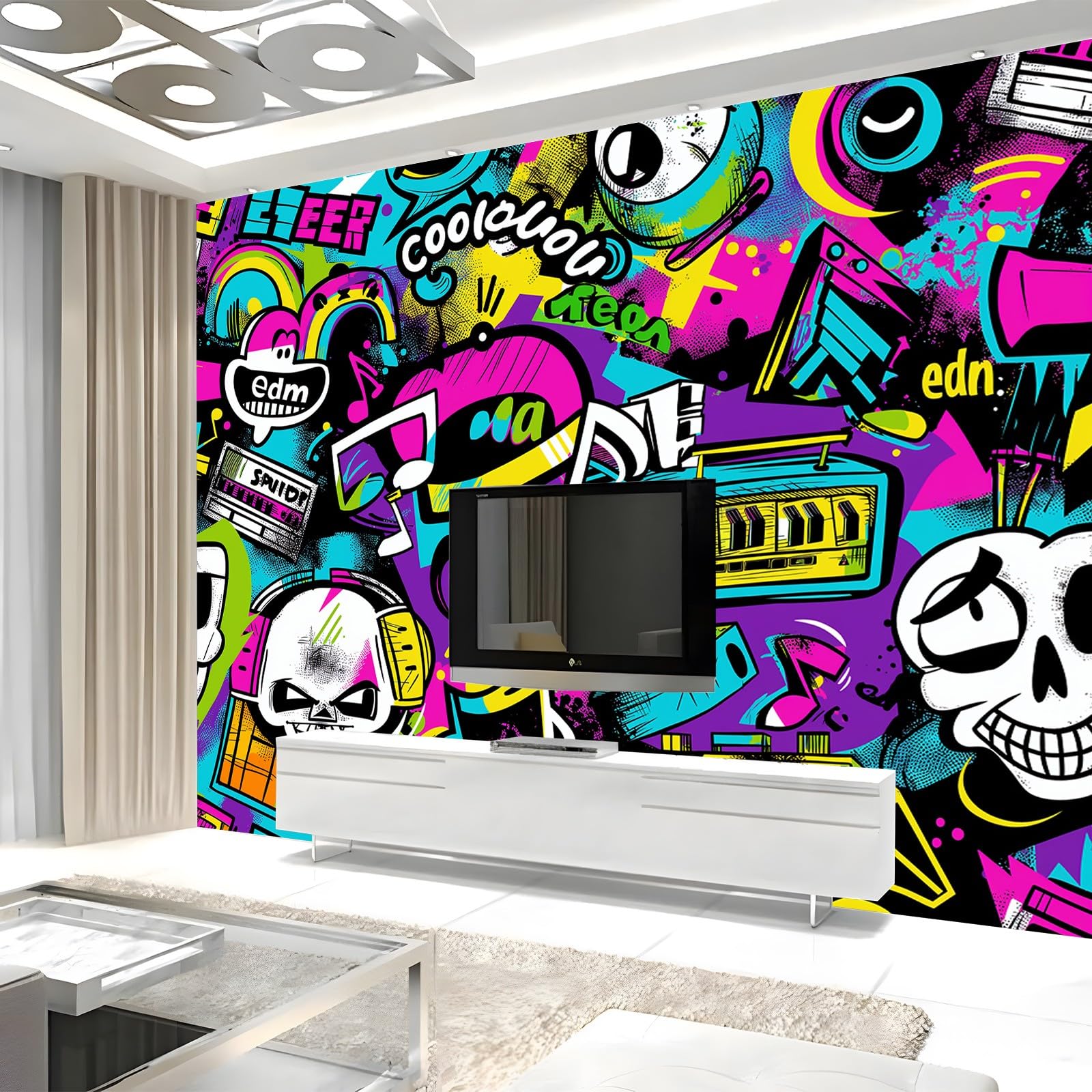 Fotomurale Carta da parati Graffiti Cultura Hip-Hop Elementi Musicali 300x210 cm Fotomurali Murale 3D Poster Gigante Moderna, Carta da Parati Decora per Camera Letto, Soggiorno, Stanza dei Bambini