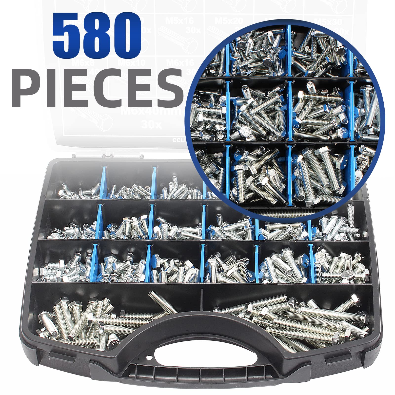 CCLIFE 580-Piece Hexagonal Screws Set M4 M5 M6 8-50 mm DIN 933 Galvanised Hexagonal Screws Full Thread - Image 2