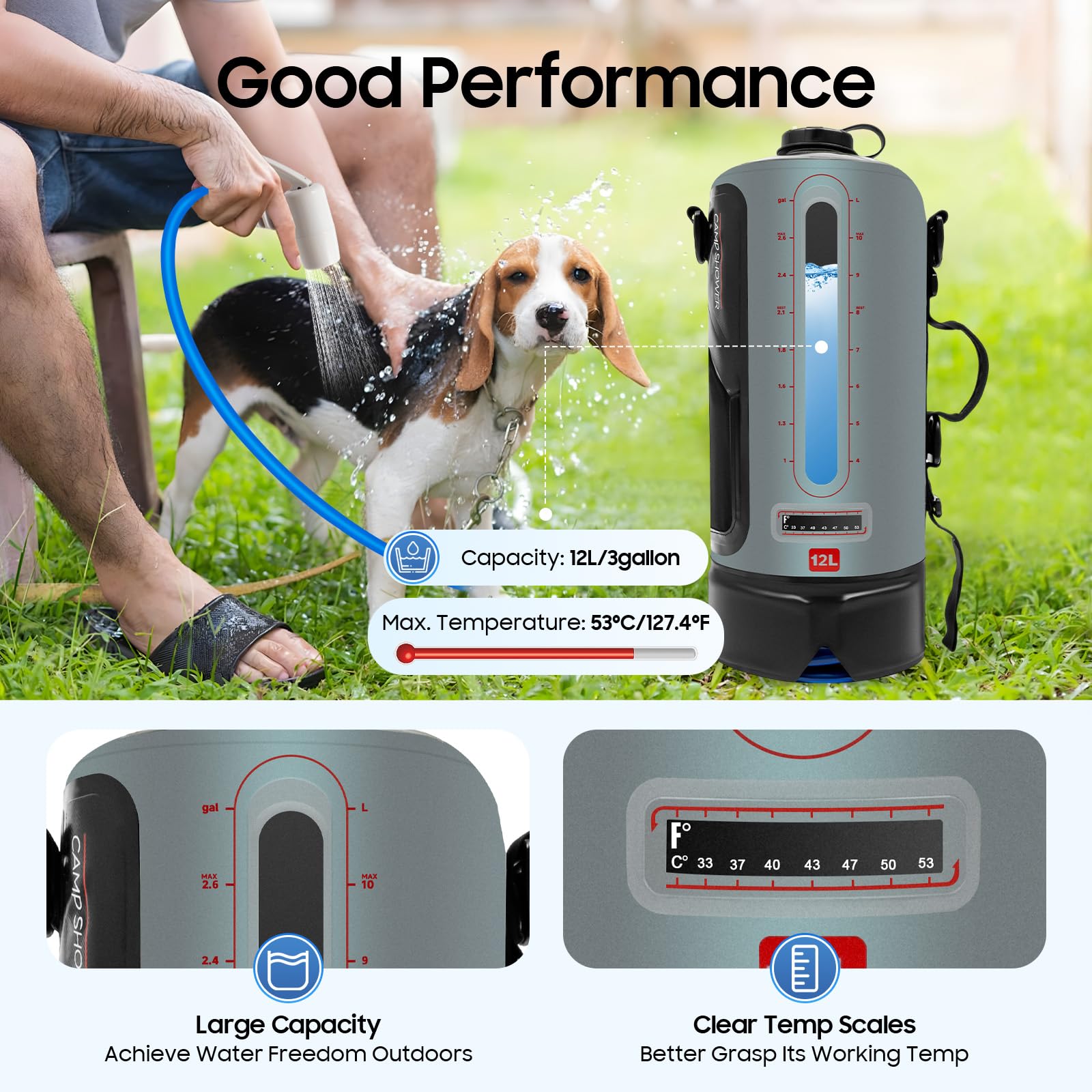 Portable Shower for Camping, 3Gal/12L Portable Pressure Camp Shower with Hose Showerhead & Air Pump, Waterproof Outdoor Shower Surf Rinse Kit, Beach Shower, Dog Wash, Car Shower, Traveling Shower