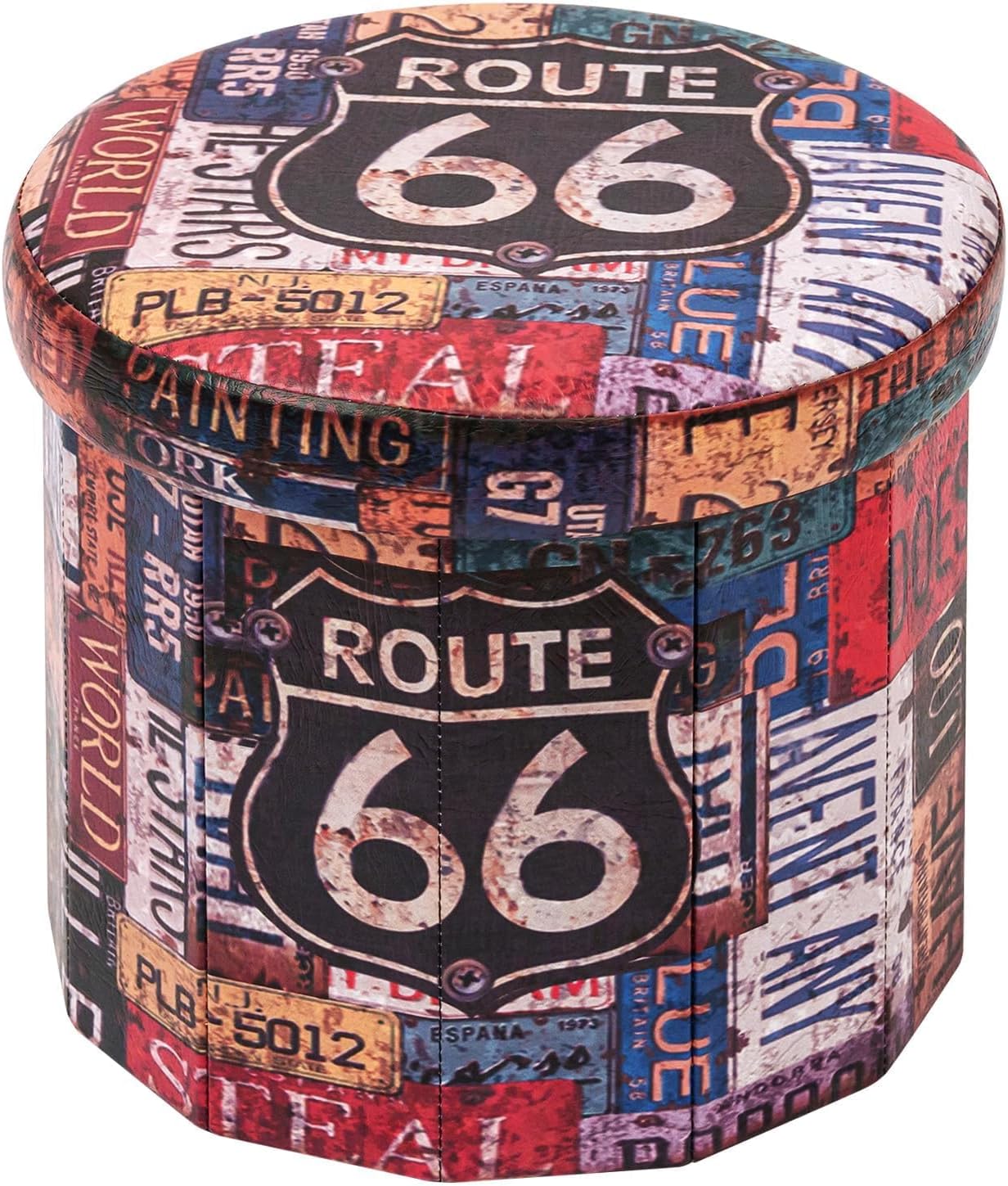 – Round Ottoman Storage,Folding Storage Organiser Toy Chest,Retro Faux Leather Footrest Stool Seat for Living Room 38cm (Multicoloured)