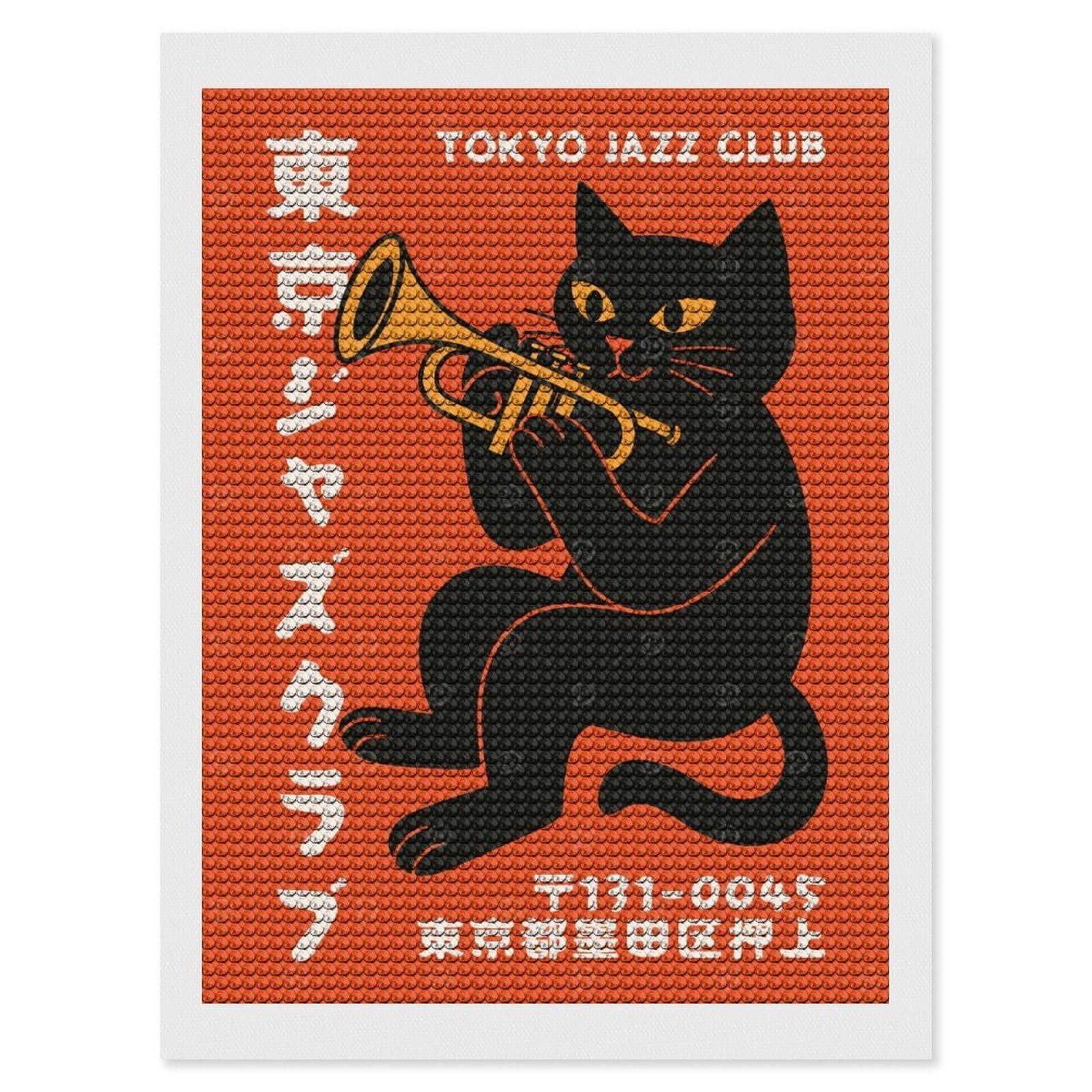 Junmoney Tokyo Jazz Club Cat Trumpet Diamond Painting Canvas Set 12"x16", for Women, Pleasing Wall Art Project, Aesthetic Room Decor, Gift Idea