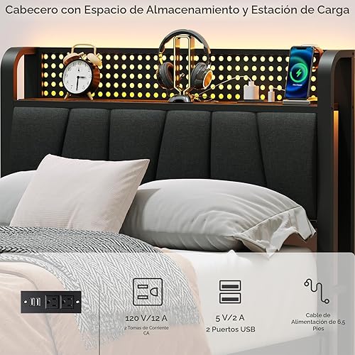Miniatura 8 de Furnulem Base de cama tamaño individual con luz LED y estación de carga, cabecera de almacenamiento tapizada gris con estante, cama de plataforma de