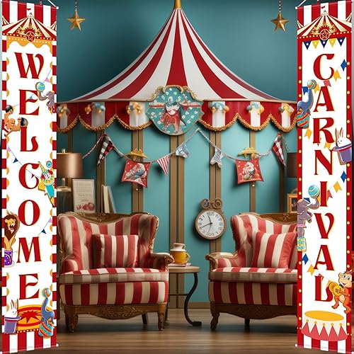 Miniatura 4 de Blulu 2 piezas de decoración de carnaval para porche, pancarta de bienvenida al circo para puerta de Halloween, carnaval, decoración colgante,