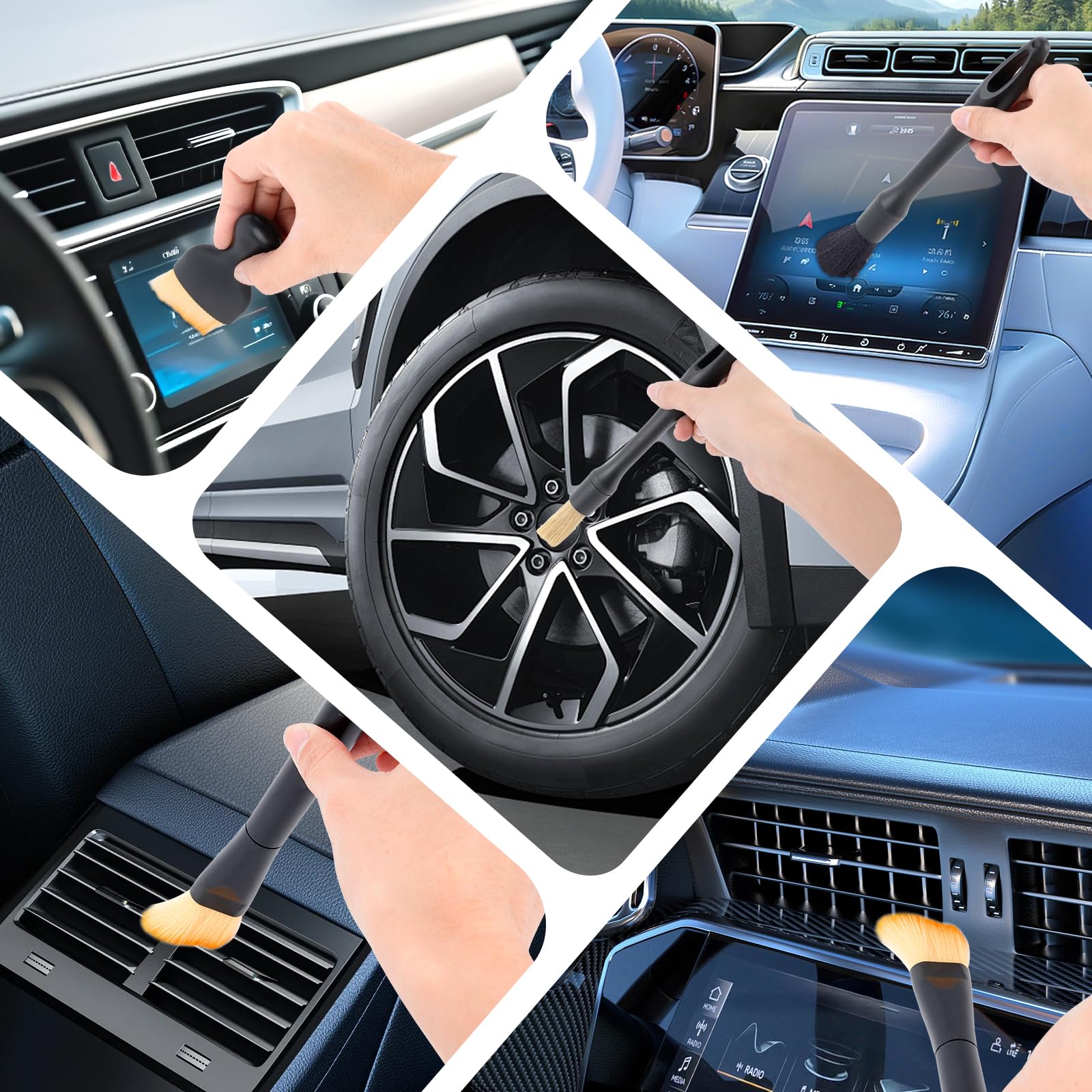 10 Pcs Auto Detailing Set für Innen & Außenreinigung, Ultra Soft Wildschweinhaar Auto Innen Detailing Bürsten, Kratzfreies Auto Reinigungsset für Armaturenbrett, Lüftungsschlitze, Räder