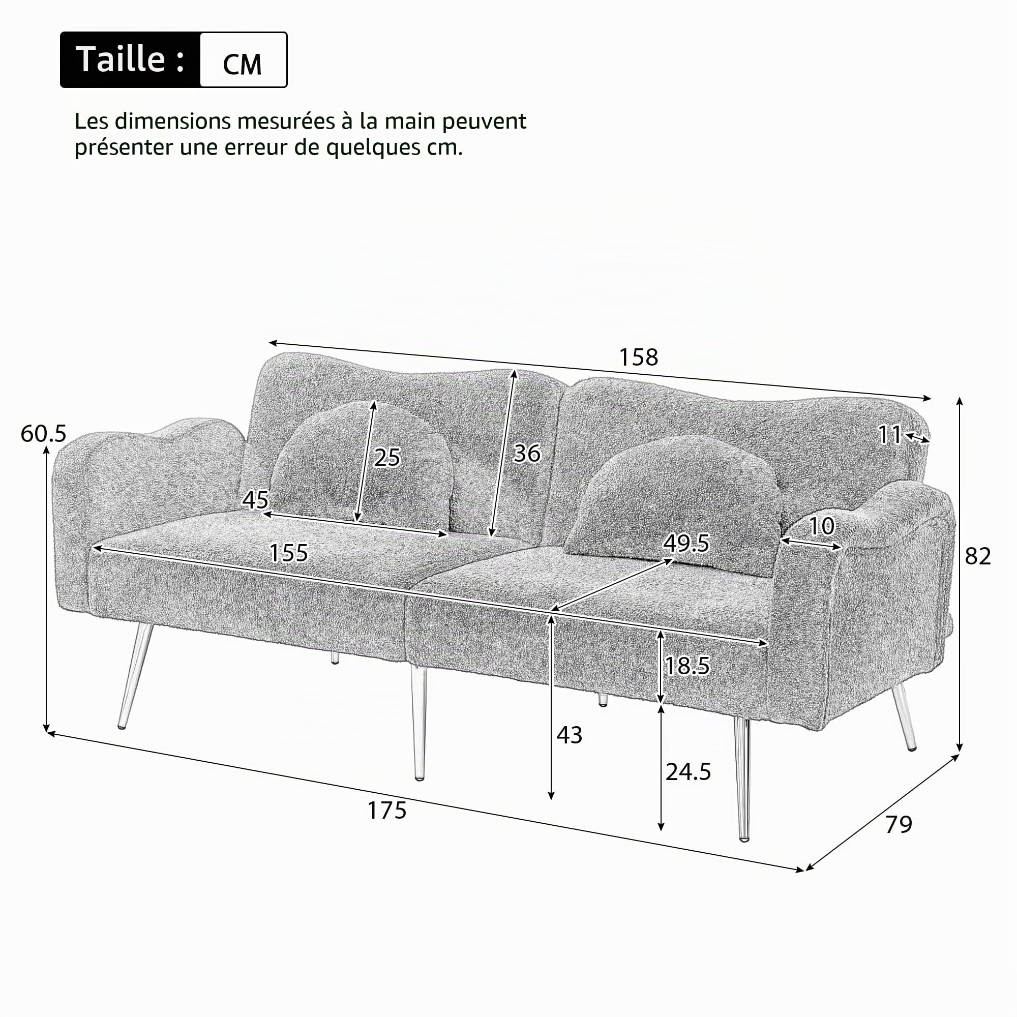 OKMYHOME Canapé Droit Convertible 2 Places avec Dossier 3 Positions et Revêtement Laine d'agneau - Pieds en Métal - Beige