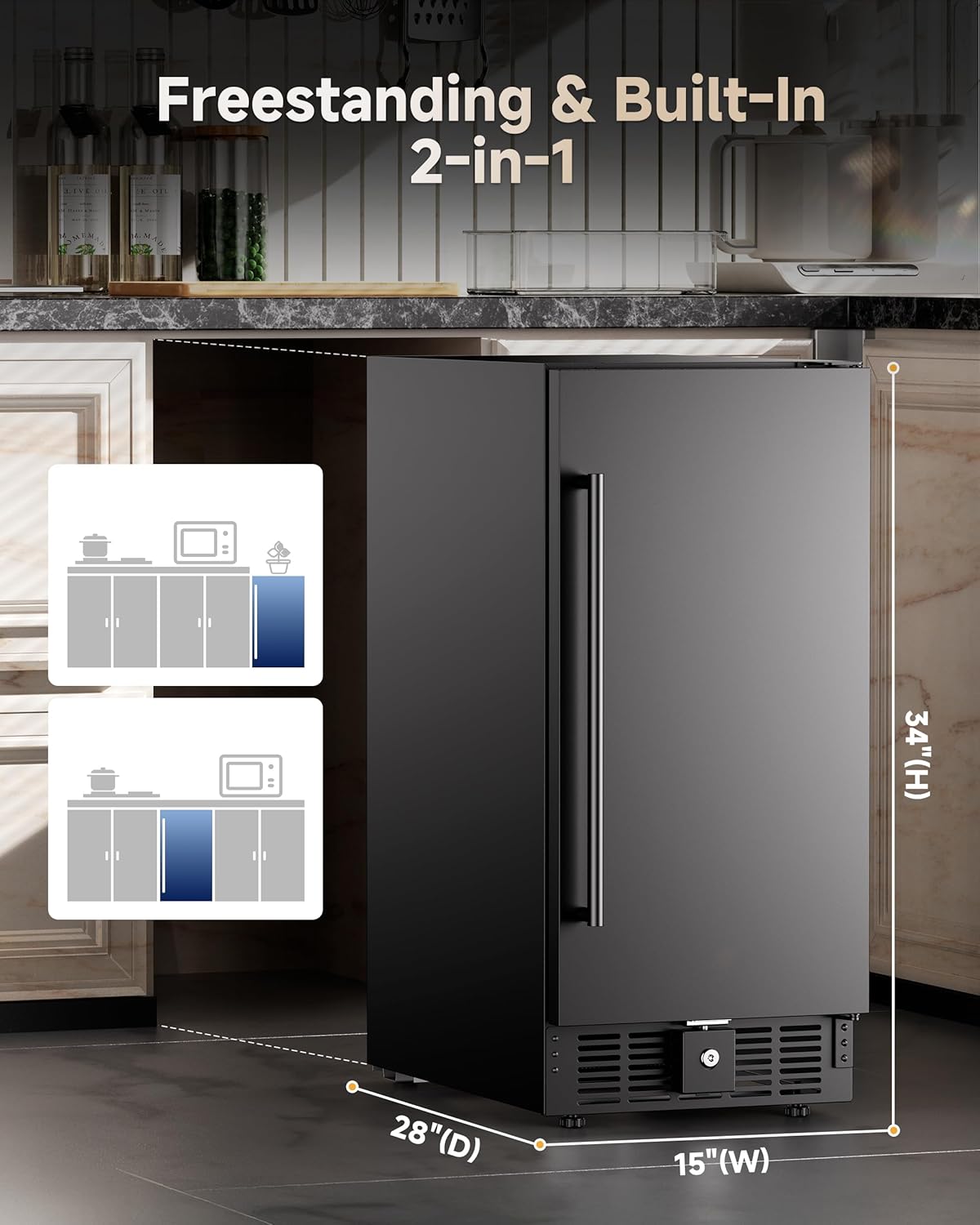 15 Inch Black Mini Fridge, Mini Fridge no Freezer Under Counter, 125 Cans Capacity Refrigerator for Home, Bar or Office - Built-in & Freestanding (Black)