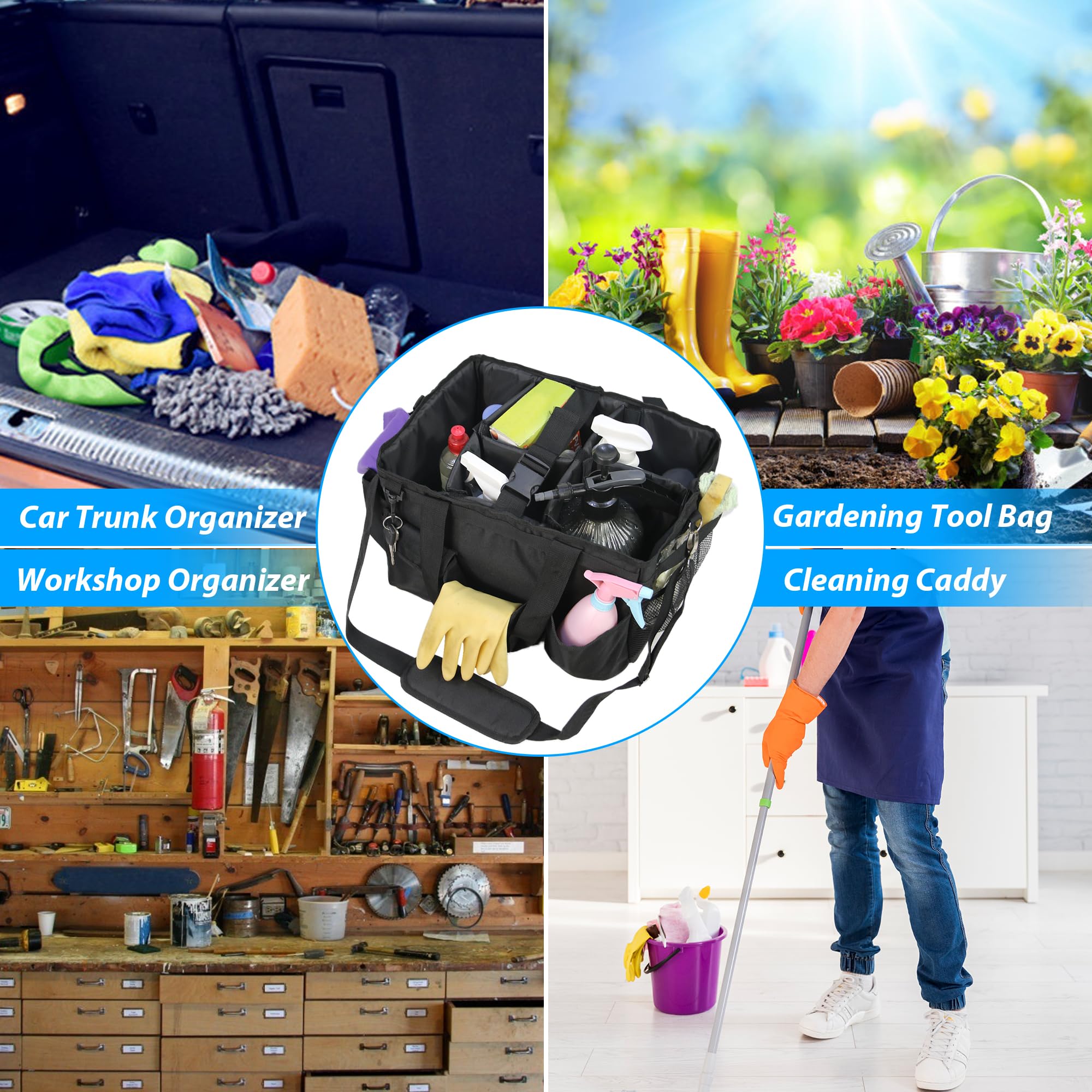 Organiseur de nettoyage avec bretelles réglables, grand sac caddy pour la maison, les fournitures de nettoyage de voiture, sac à main de ménage (noir)