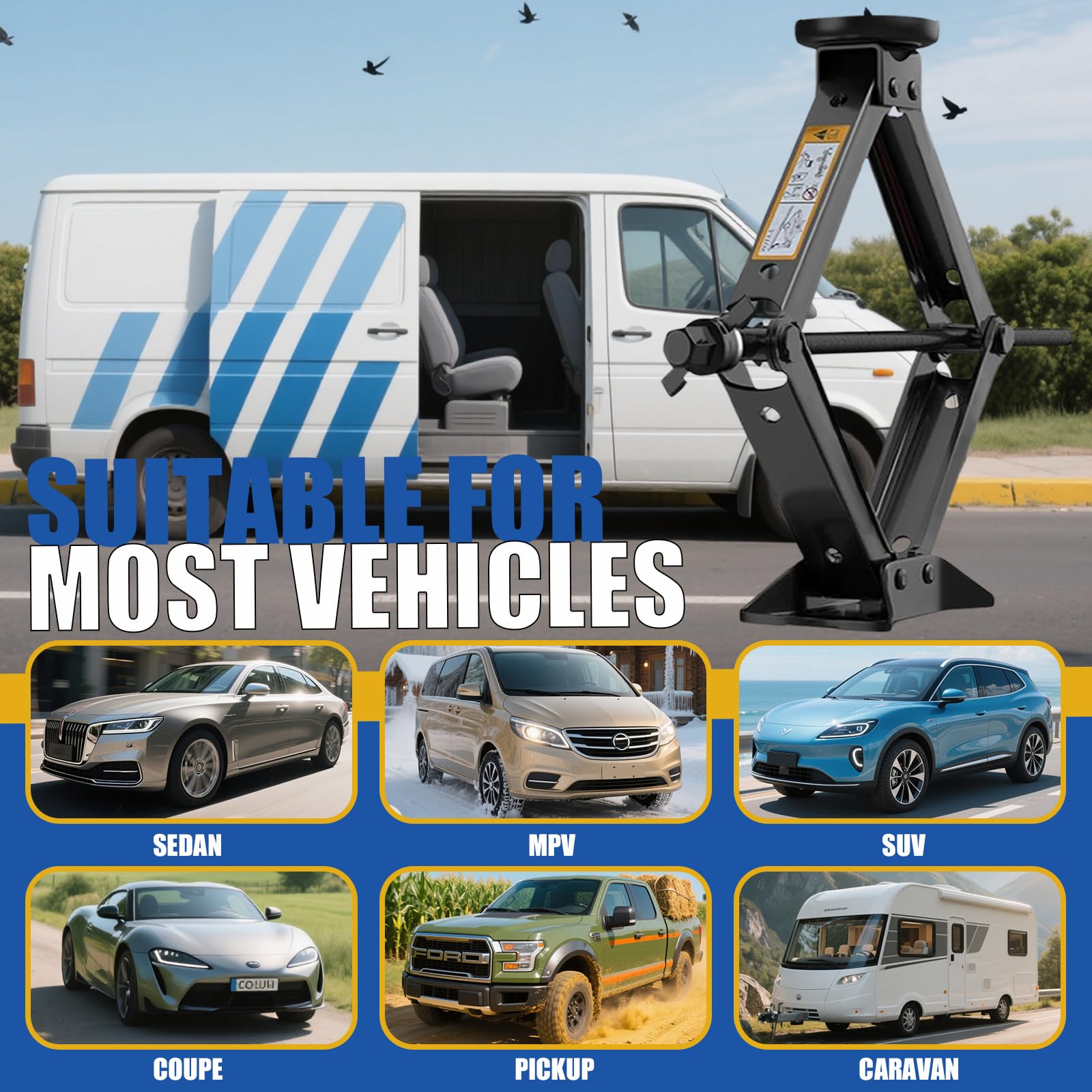 Gato de tijera para automóvil de 2.5 toneladas (5500 libras), kit de gato universal multiusos con almohadilla de goma, kit de cambio de neumáticos de repuesto portátil para sedán, SUV, MPV