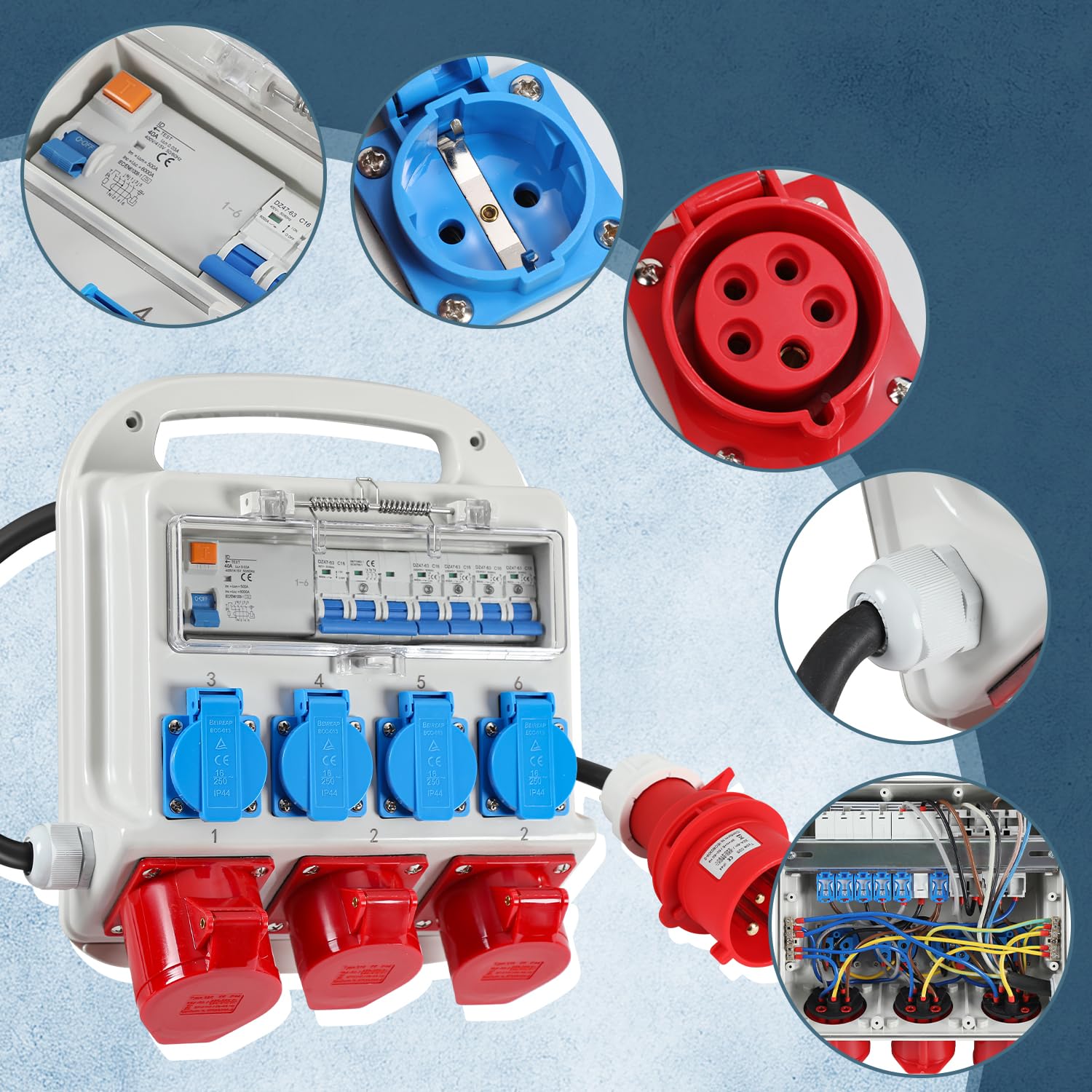 Distributore a parete, 2 x CEE 400 V/16 A + 4 x 230 V Schuko IP44 5 poli, distributore da cantiere 32a, con coperchio a scatto sicuro per cavi, con interruttore RCCB, con cavo da 1,2 m, per