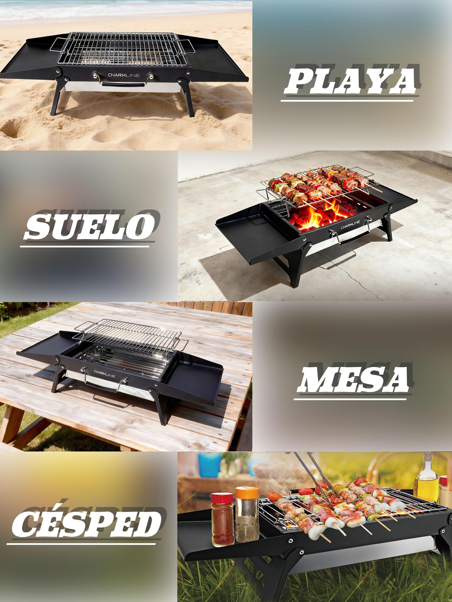Charmline 39 * 27 cm Barbacoa de Carbón para Camping, Picnic, Jardín y Playa, Pequeña Barbacoa de Carbón Portátil Plegable para 2-4 Personas, BBQ Portátil para Uso en Exteriores, Negro