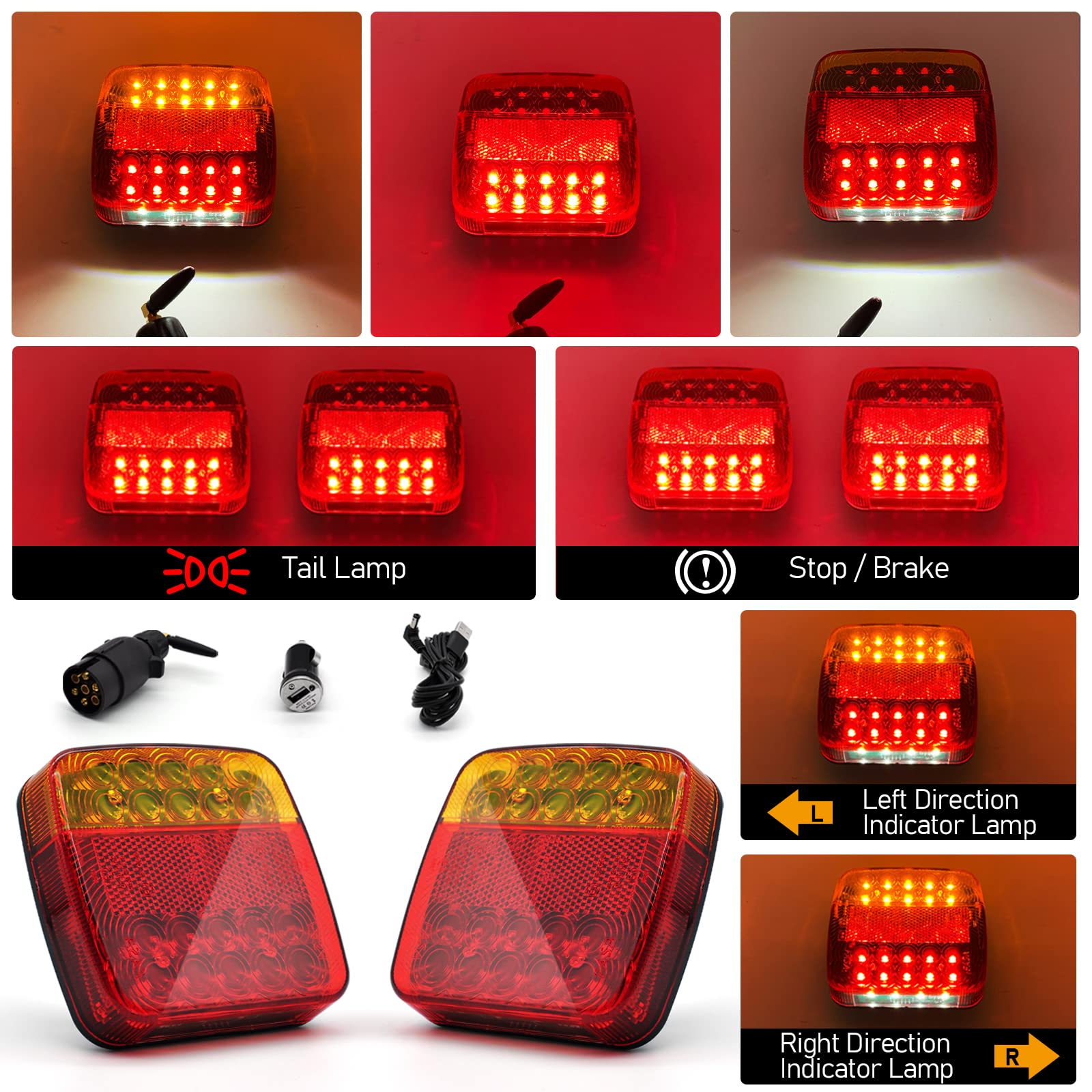 Dinfu Luci posteriori a LED a batteria con base magnetica, set di luci posteriori a LED da 12V-24V con spina a 7 poli per rimorchi auto camion caravan
