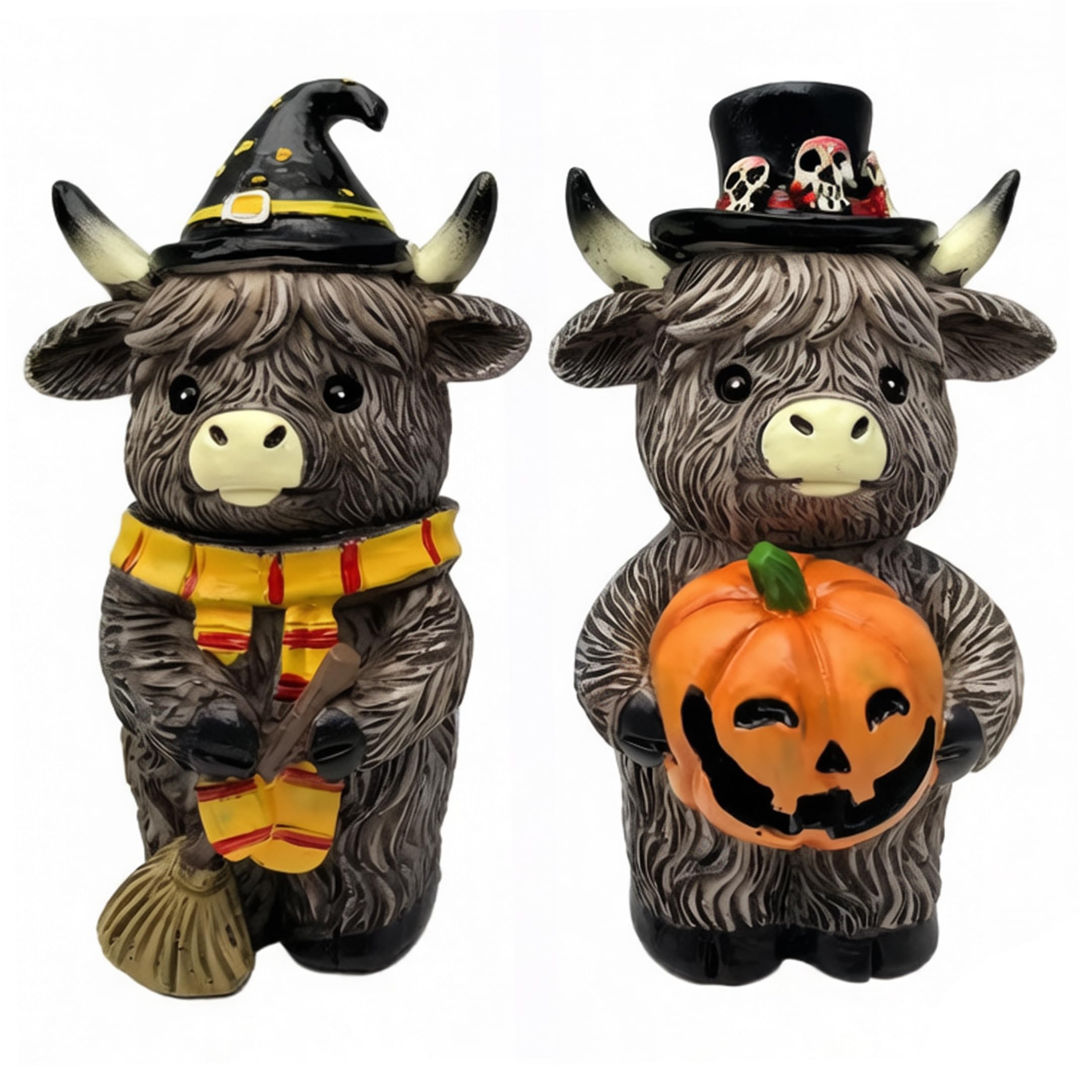 DAGLLGEW 2-piece Highland Cow Figurines, Halloween Home Decor With Broom & Pumpkin Accents, Compact Resin Tabletop DecorHalloween FigurinesHalloween Home DecorHighland Cow Figurines