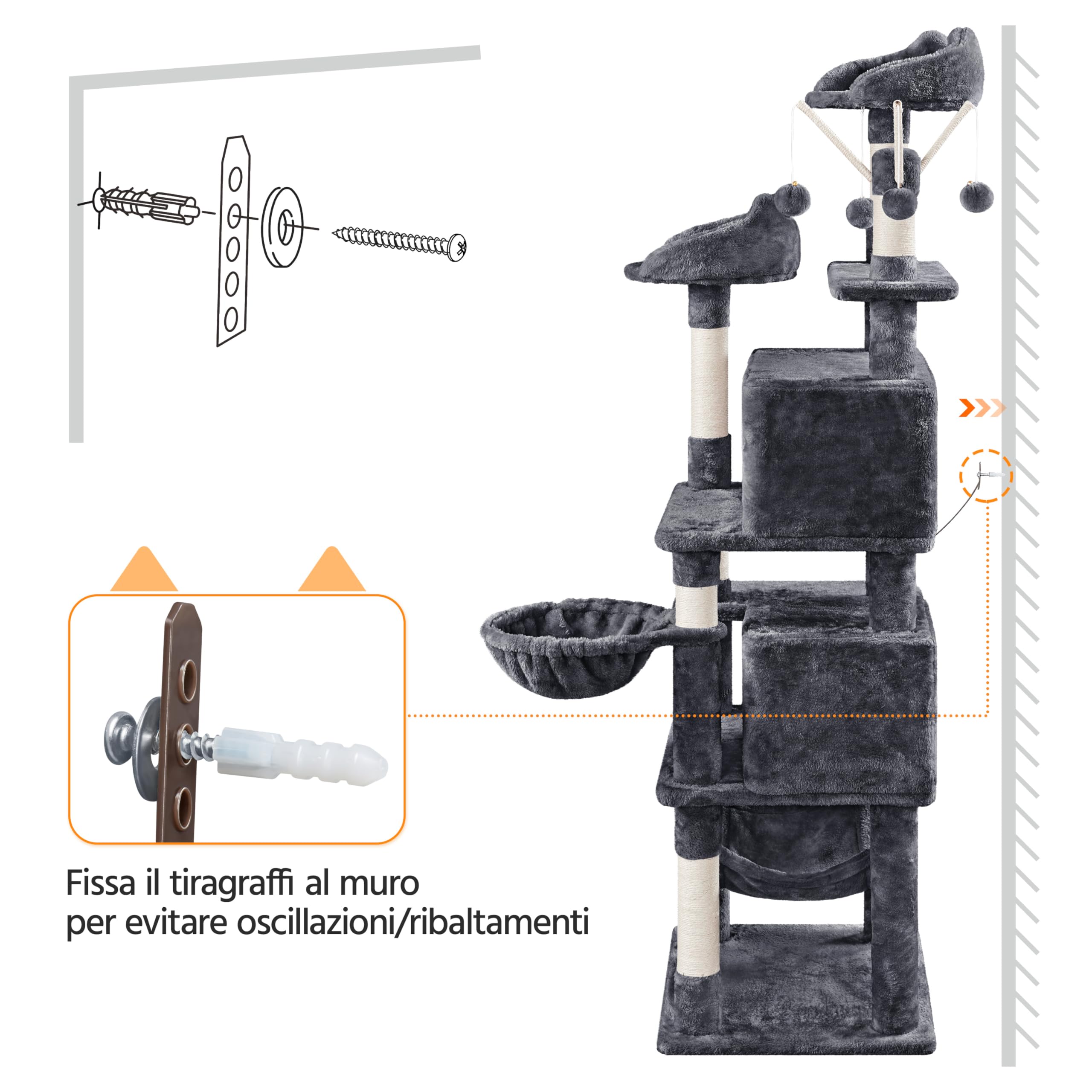 Yaheetech Albero Tiragraffi per Gatti 170 cm in Truciolato e Sisal con Posatoio Palla da Gioco Condomini Grigio Scuro