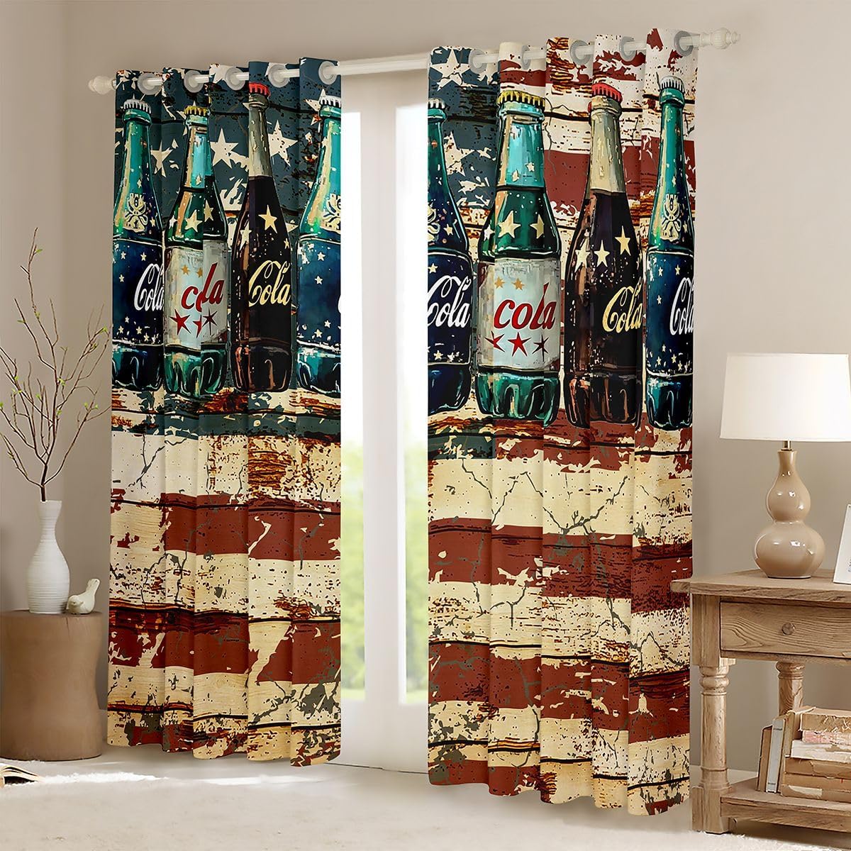 Feelyou Cola Curtains for Bedroom Living Room American Flag Blackout Darkening Drapes Rustic Vintage Window Treatments, 2 Panels 38 x 45 Inch Summer Drinks Room Decor image 2