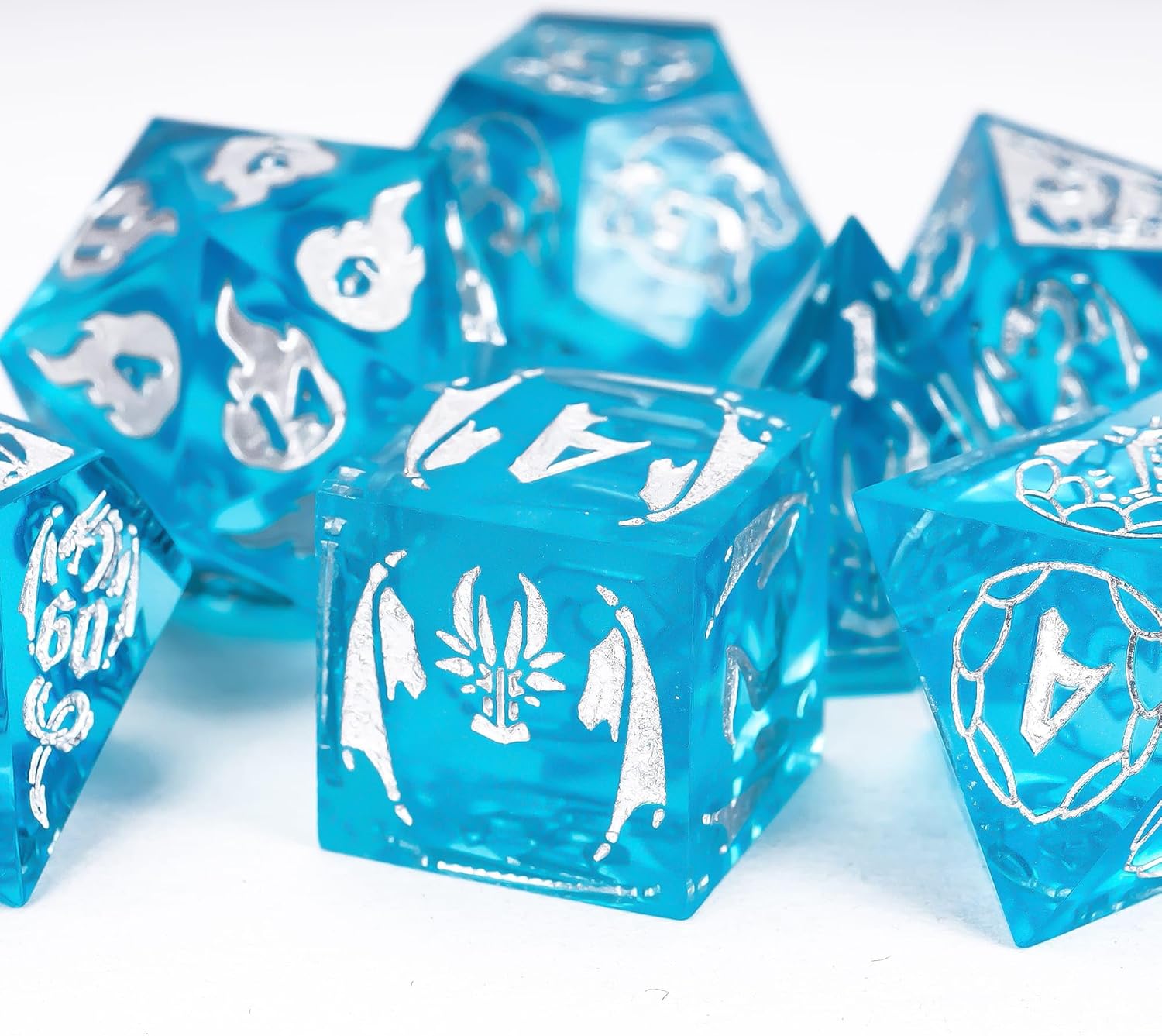 Cusdie 7-Piece Sharp Edges DND Dice Set with Dragon Pattern - Perfect for Tabletop RPGs Board Games Gifting and Collecting(Transparent Blue/Silver Number)
