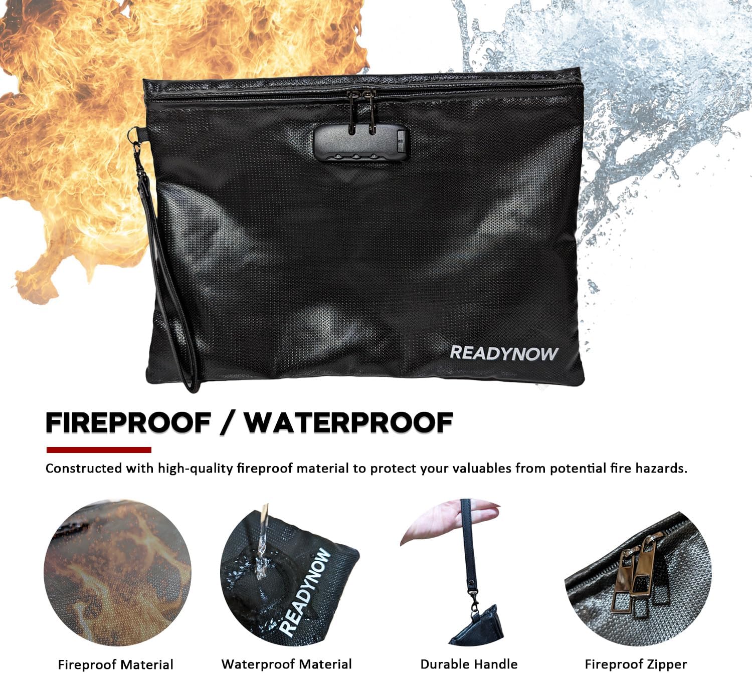 Fireproof Document Bag with Lock, A4 14.3x10.2 inches, Zipper Pouch for Documents, Phone, Cash, Cards, Passport, Waterproof, Anti-Theft, Fireproof thumbnail