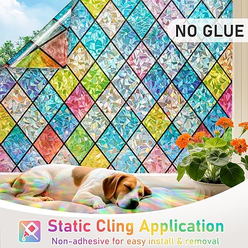 Miniatura 5 de SUNBABY Película de vidrieras para ventana Película holográfica de privacidad para ventana de arco iris, película decorativa de privacidad con