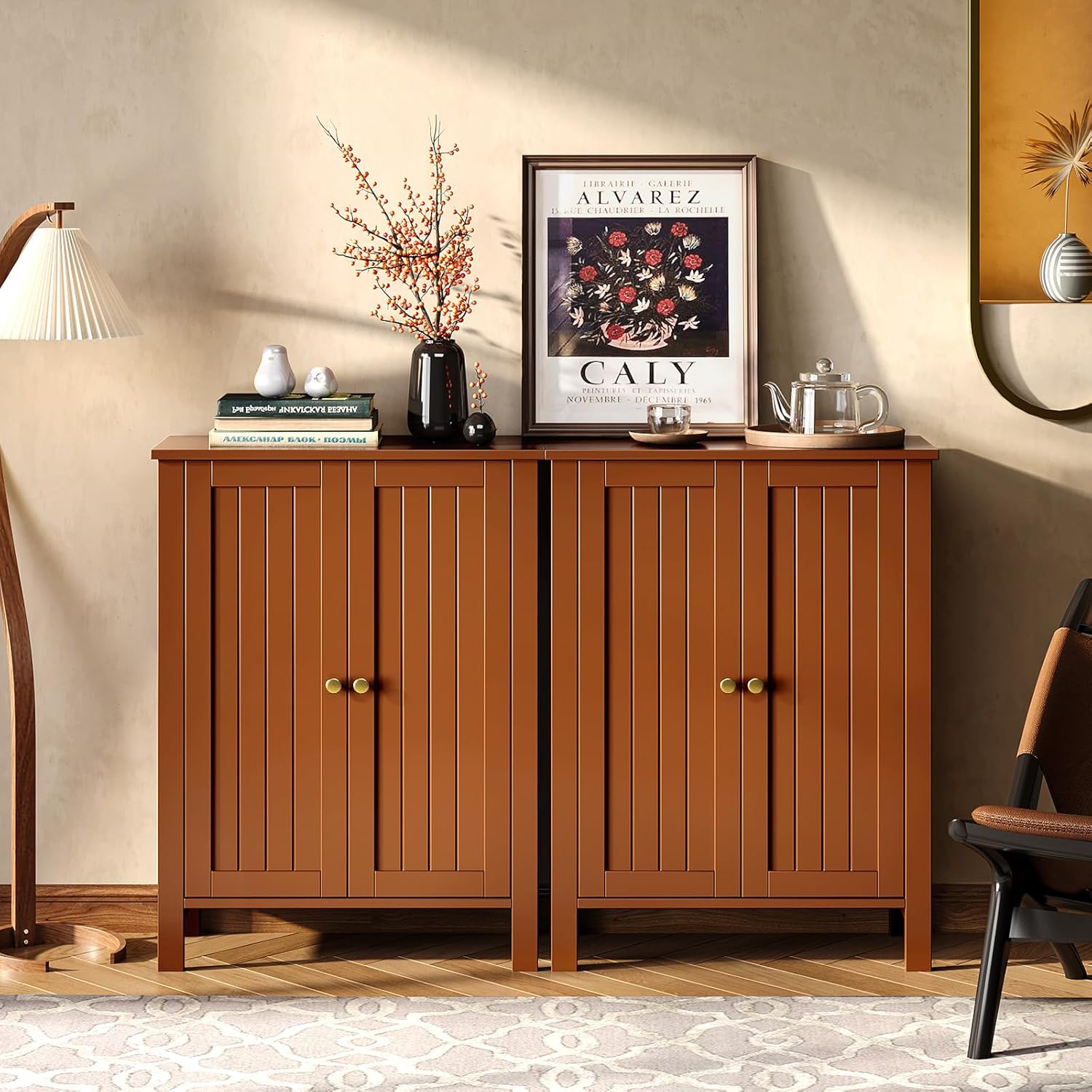 Bonnlo Free Standing Bathroom Storage Cabinet, Rustic Brown Floor Cabinet with Doors, Small Wooden Accent Sideboard Console for Entryway, Kitchen, Living Room Organization, 31.5" H
