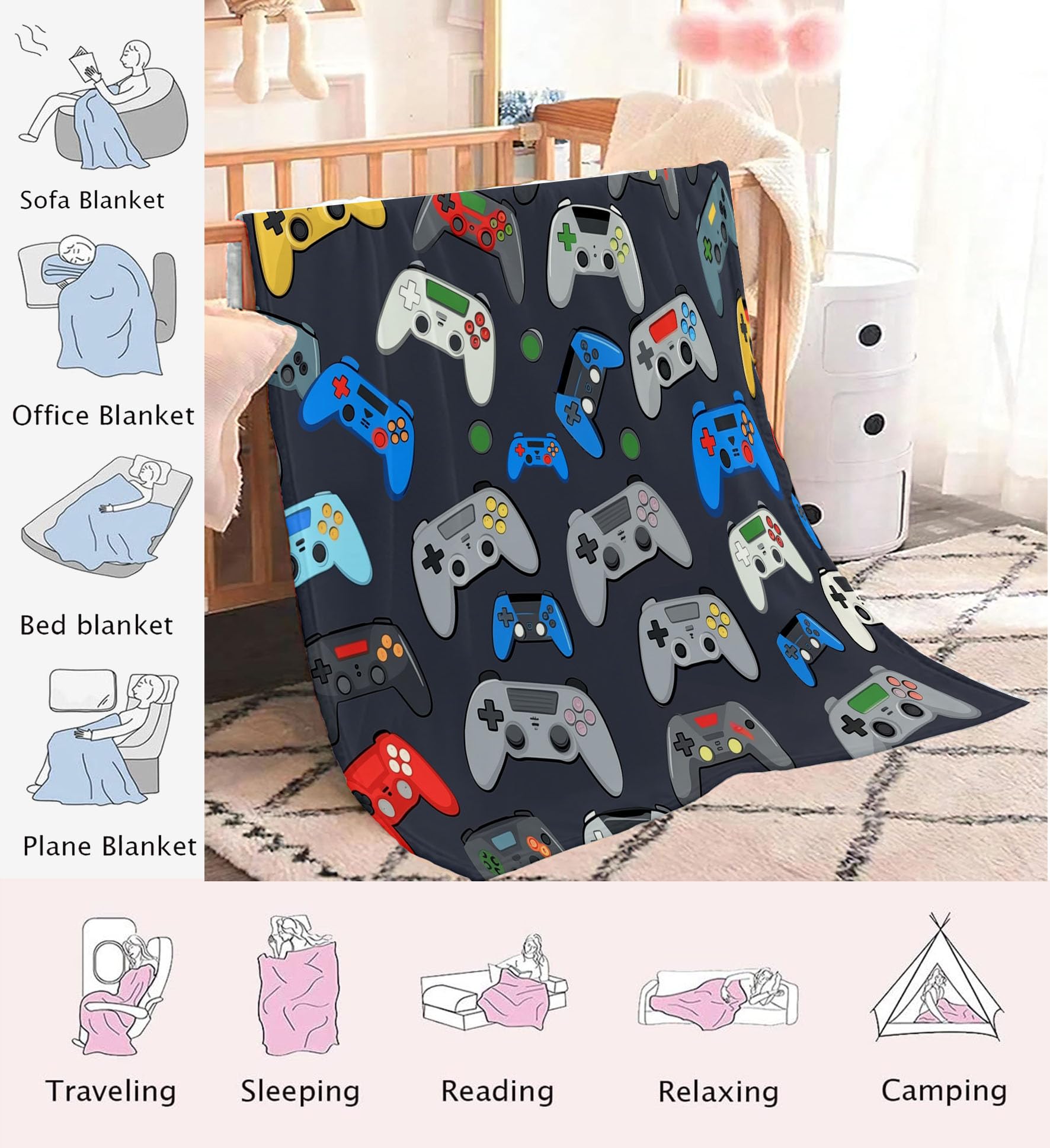 Coperta Pile In Morbido, Console Videogiochi Cartoni Animati Poster Gioco Coperte Flanella Divano 230X270Cm, Coperta Plaid Letto Calore Copriletto, Grigio Scuro Coperte Regali Per Ragazzi Ragazze