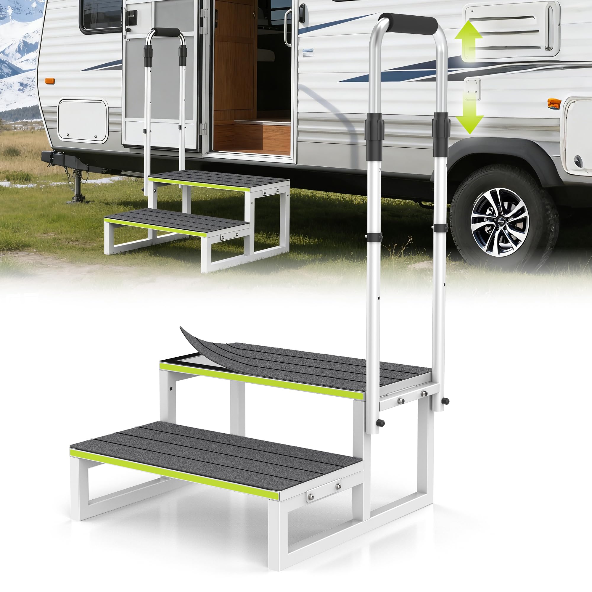 DEPSUNNY RV Step Stool with Handrail, 2 Step Ladder with 1 Handrails, Wide Platform & Anti-Slip Mats, Portable Stairs for Hot Tub/Camper/Mobile Home/Porch/SPA Pool/Pet Stairs