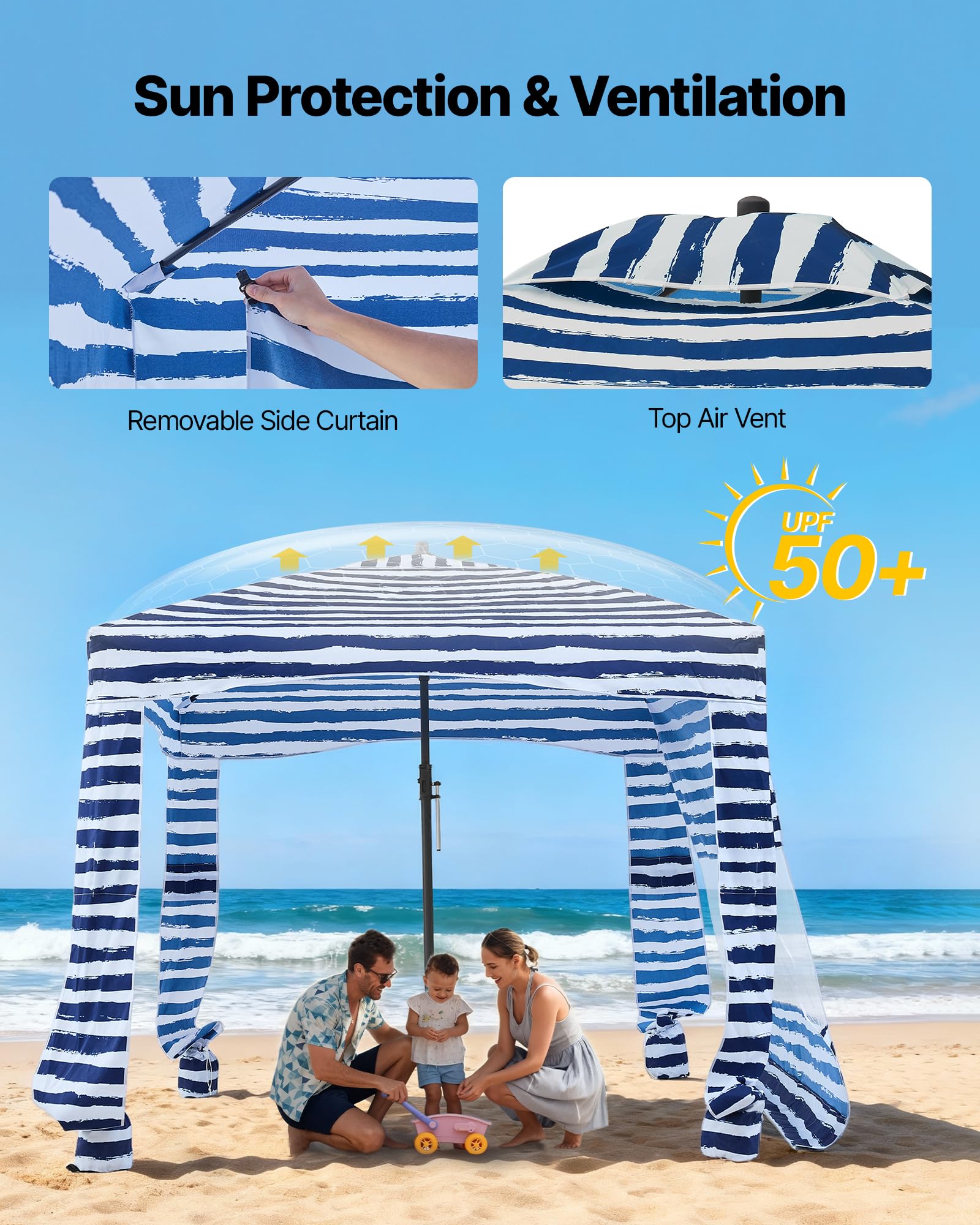 VEVOR Cabaña de Playa con Panel Lateral, Protección Solar UPF 50+, Sacos de Arena, Sombrilla Portátil para Disfrutar en Familia y con Amigos, Rayas Azul Marino y Blanco, 1830 x 1830 x 2290 mm