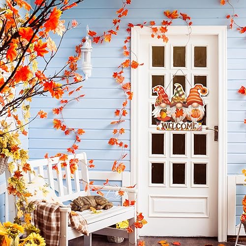 Miniatura 5 de Whaline Letrero colgante de madera de otoño, gnomos, otoño, Acción de Gracias, letrero rústico de puerta de madera para cosecha de otoño, decoración
