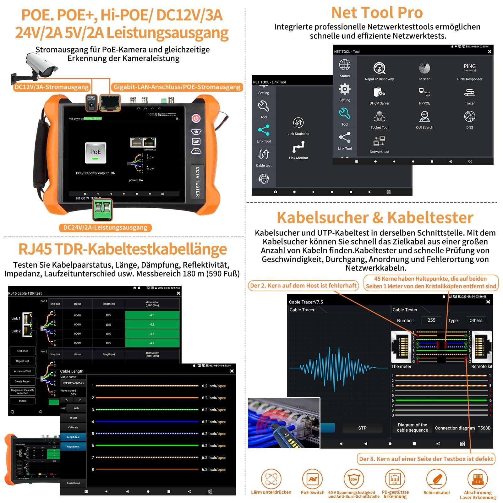 Henkion IPC CCTV Tester X9-ADHS Pro Mit 8 Zoll IPS Touchscreen Monitor, CCTV-Kameratester Unterstützt 8K 32MP IP Und 4K 8MP TVI CVI AHD SDI-Kameratests, Netzwerktester 90W POE++ HD I/O WiFi RS485 RJ45