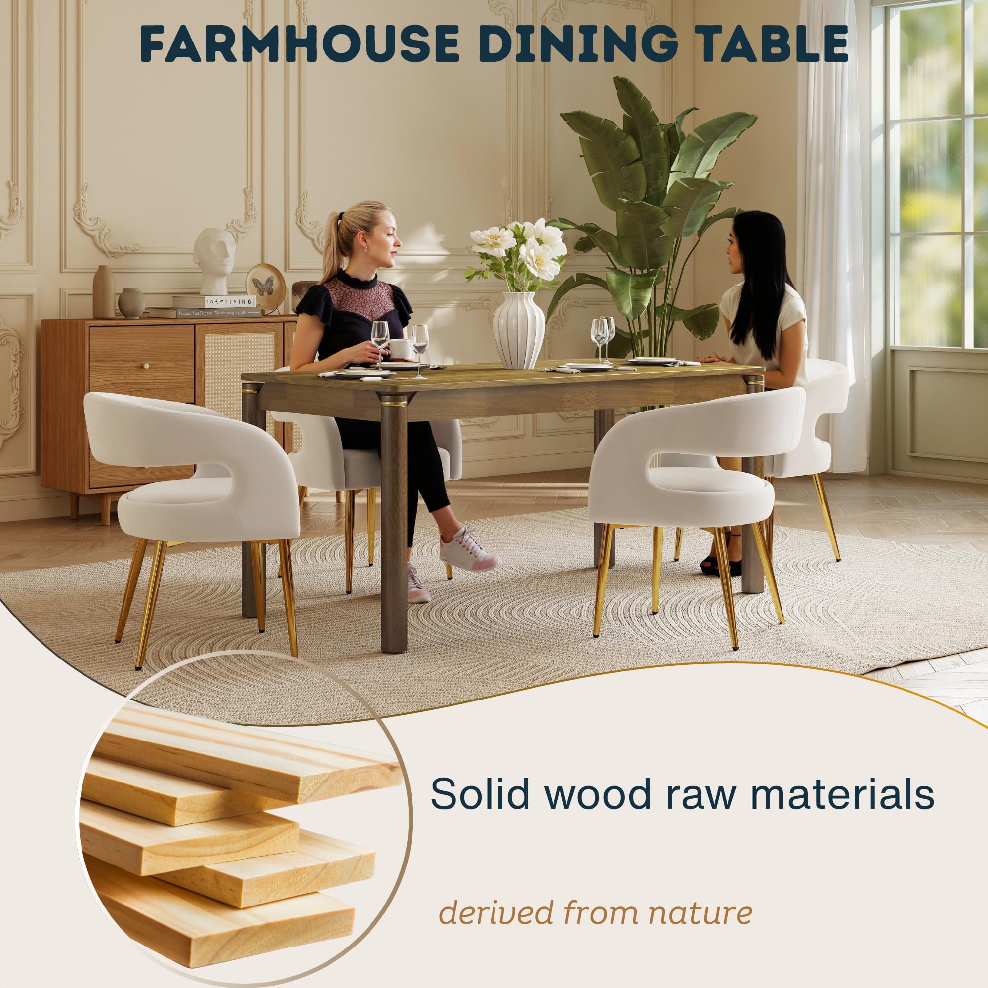 Solid Wood Rectangular Dining Table 63 Inch Mid Century Modern Gold Ring Walnut image 8