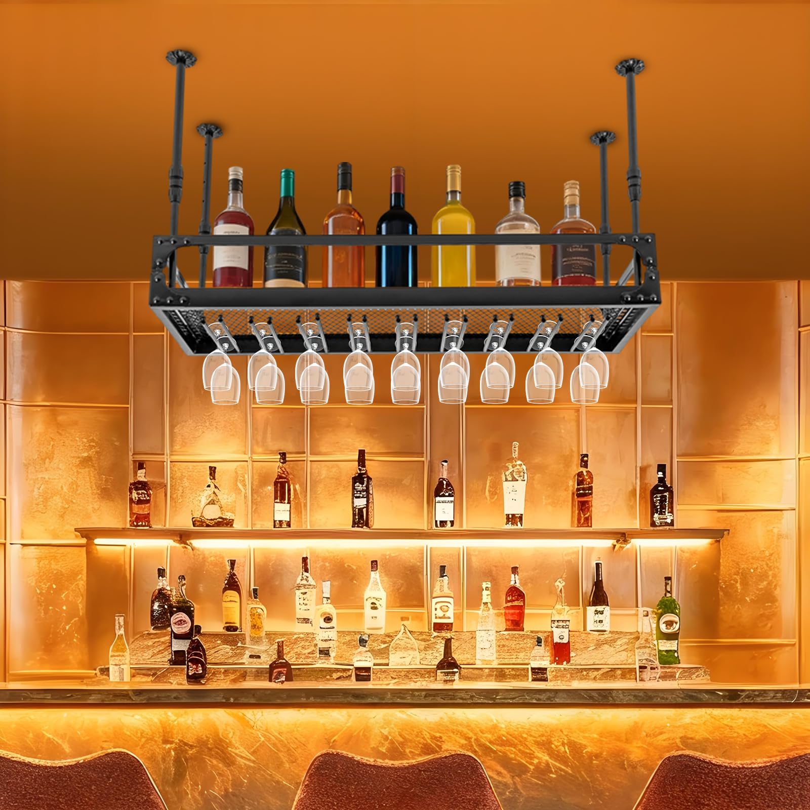 Estante de techo, estante para botellas de vino, soporte para botellas de vino, estante colgante retro de hierro, altura ajustable, estante colgante de hasta 50 kg, para bar, cafetería, cocina