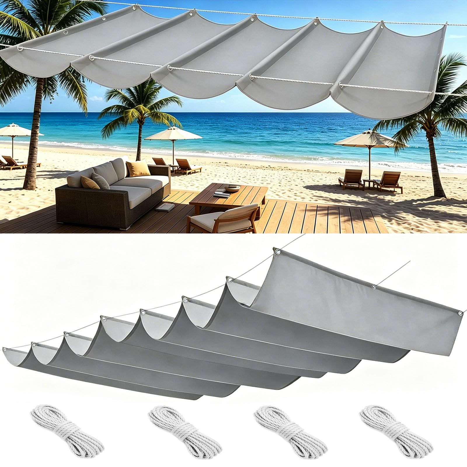 Toile d'ombrage rétractable pour terrasse et patio bâche vague gris clair 1x5.6 m