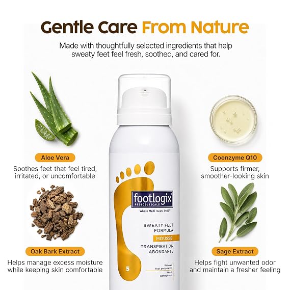 Footlogix Specialty Sweaty Feet Formula Mousse 4.23 oz | Oak Bark Extract, Sage, Co-Q10 & Aloe Vera Foot Care Mousse | Lightweight Foot Moisturizer for Daily Freshness