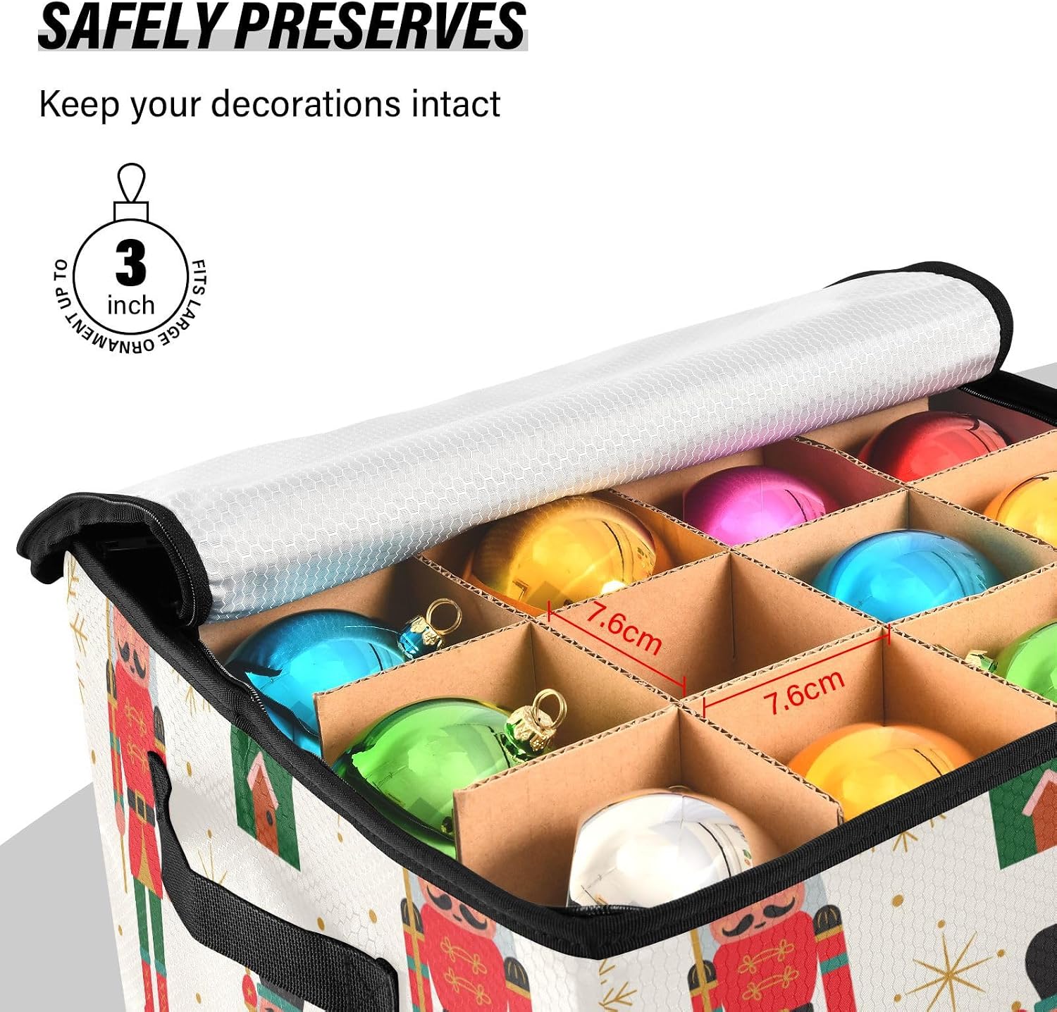 Kigai Christmas Nutcracker Christmas Ornament Storage Box with Zipper and Adjustable Dividers 13x13 Inch Xmas Decoration Accessories Storage Container Holds 64 Holiday Ornaments 3-Inch