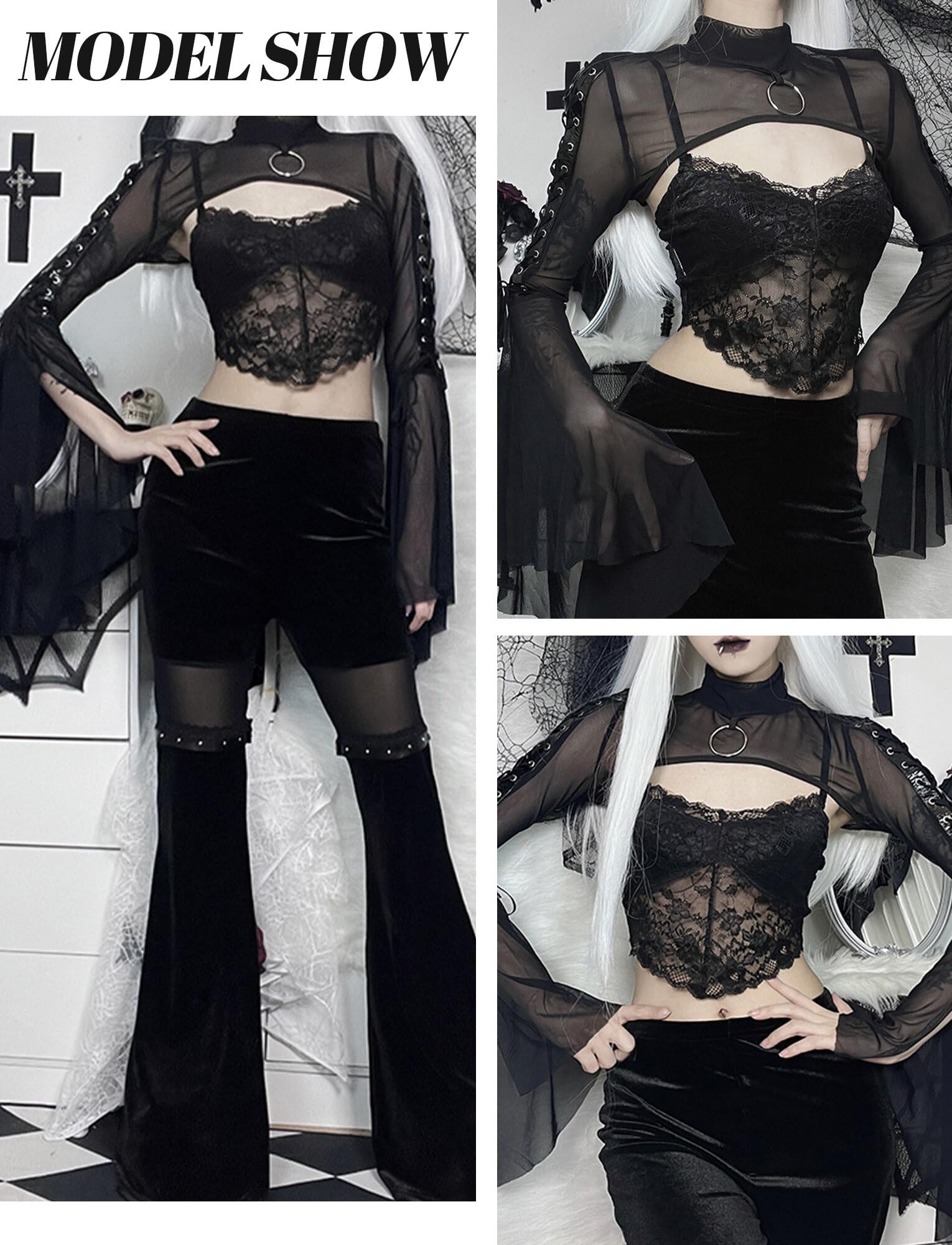 SEAUR Gothique Boléro Lace Shrug à Manches Longues Dame Boléro en Dentelle Noir Punk pour Femme Cardigan Lolita Ados Fille